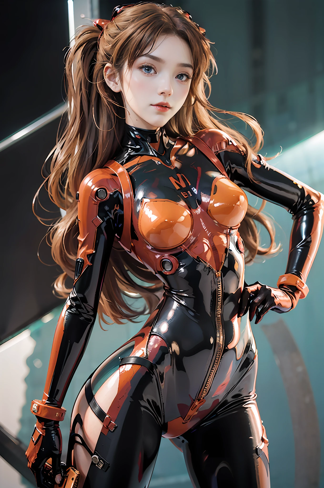 Masterpiece,8k,3D,((Full body),(Realistic),Photography,Best Quality,Official Art,((Female NSFW1.1))) 25years old,(tall, small face),(Perfect proportions:1.1),(1.2 from bottom),Dynamic angle,(Souryuaska langley,Souryuaska langley plug suit 02:1.5)(Blue eyes,Beautiful Face, Beautiful Eyes))), ((Pretty Face)), Wet Eyes, Face,Detail Face, Detail Lips, Detail Eyes, (Thin Sharp Pale Eyebrows, Long Eyelashes), Double Eyelids, Realistic Skin Texture,(Seductive Smile), (Gentle Expression, Fleeting Expression))),(Turning Pose), Thin and Muscular, (High-leg Swimsuit: 1.1), (See-through: 1.1), ( rubber suit with a strong metallic luster and smooth surface), (Sexy Tight Metallic Shiny Latex Suit)),Bodysuit that shines like a mirror,,(Black tight latex shiny on the inside of the arms)), (Black connection under the chest in a precise circle: 1.5)), black connection of the shoulders of the exact circle: 1.5, two simple black wide latex from the thigh to the buttocks, Red tight latex gloves, from below, (sleek body line)), ((pale thin eyebrows)), loneliness, blush, (shy)), (to8 contrast style), (glossy), delicate clothing wrinkles, beautiful light brown hair,twin tails, (dynamic sea background:1.1, strong sunlight:1.1,naval aircraft carrier background,), sunlight,DSLR, Fujifilm XT3, Sharp Focus: 1.2, Maximum clarity and sharpness, accurate simulation of the interaction of light and matter,