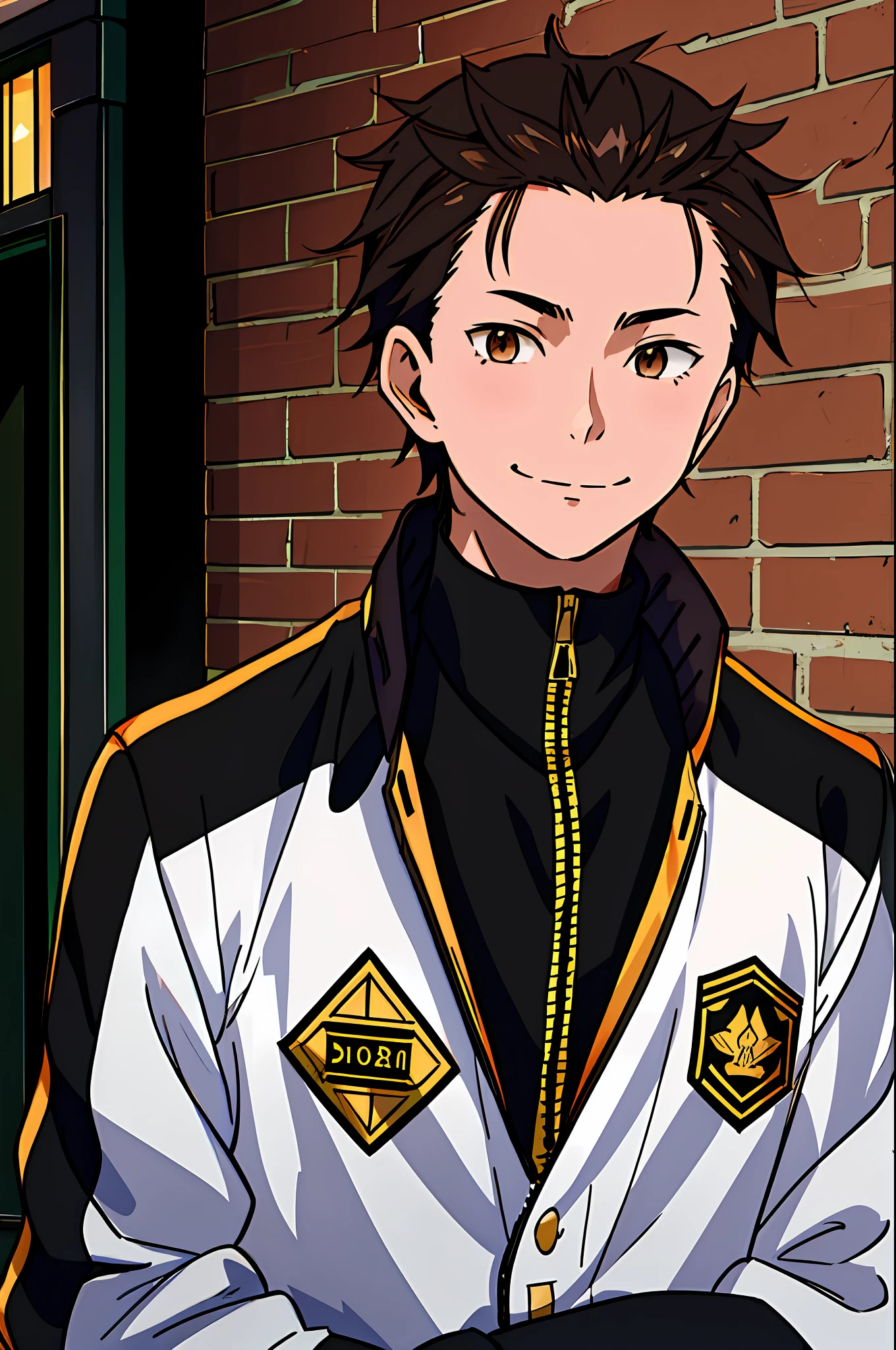 hight resolution, Sharp Focus, Pixiv masterpiece, ((Intricate details)), Highly detailed, natsuki_Subaru, 1boy, Brown eyes, Jacket, Upper body, Black hair, Smile, Track jacket, hair slicked back,