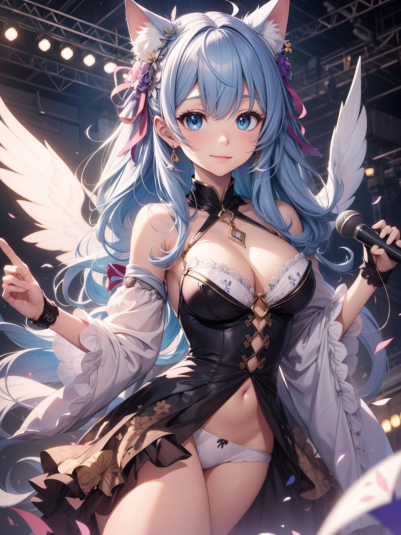 absurderes、ultra-detailliert、masterpiece、top-quality、BREAK、Official art、(Beautifully Aesthetic:1.2)、(watercolor paiting:Curly)、BREAK、Devilish Pretty Girl 1.2、a beauty girl、Beautiful nasal muscles、BREAK(kawaii:⒈3)、、BREAK、((colourful hair))、from a((Split Hair 1.1))、BREAK、Splash、(Mixed blue and pink hair1.2)、(フラクタルアート1.3)、BREAK、Cat's ears、A sexy、(Cat gloves、Fluffy hands)、BREAK、Like a cat's paw、Short socks、human - shaped、BREAK、AI Concert、BREAK、(Random eye color)from a、((Heterochromia 15))、BREAK、From Side、Look at viewers、BREAK、((Above the live stage))、Wedding costumes with ultra-detailed embroidery、Sing while holding the microphone with your left hand、Neon Detail Spotlight、BREAK、BREAK、Shyness、tension、red blush、happy facial expression、The best smile、BREAK、Versatile poses、BREAK、Standing、BREAK、(Cute Panty Shot Figure 1.1、Cute embroidery white:1.5 string panties)、Flapping wings and panchira、BREAK、