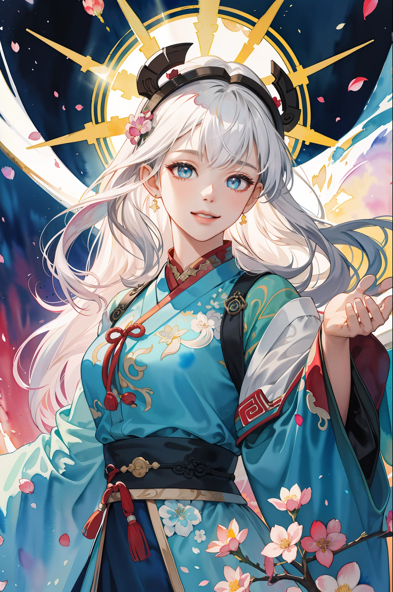 one-girl, Ancient Chinese clothing, full bodyesbian, rays of sunshine,Intricate damask hanfu, Clear face, Clean white background, tmasterpiece, super detailing, Epic composition, hyper HD, high qulity, extremely detaile, offcial art, Uniform 8K wallpaper, super detailing, 32K,French bangs,White hair color,Half-body diagram,Blushlush,Half-body diagram,Floating hair,Chang'e,Wear flowers on your head,Delicate and agile eyes,Eyes narrowed slightly,Petals flying,Gorgeous accessories,fov,f/1.8,Half-body diagram,tmasterpiece,blue-sky,Petals flying,Side lighting,The sun shines on people,8K,(Smile:0.9),(Masterpiece,top-quality,best qualtiy,offcial art,Beauty and aesthetics:1.2),(1girll:1.5),Long hair,extremedetailed,Colorful,highestdetailed,(watercolor paiting:1.4),opticalmixing,playfulpatterns,livelytexture,richcolors,unique visual effect