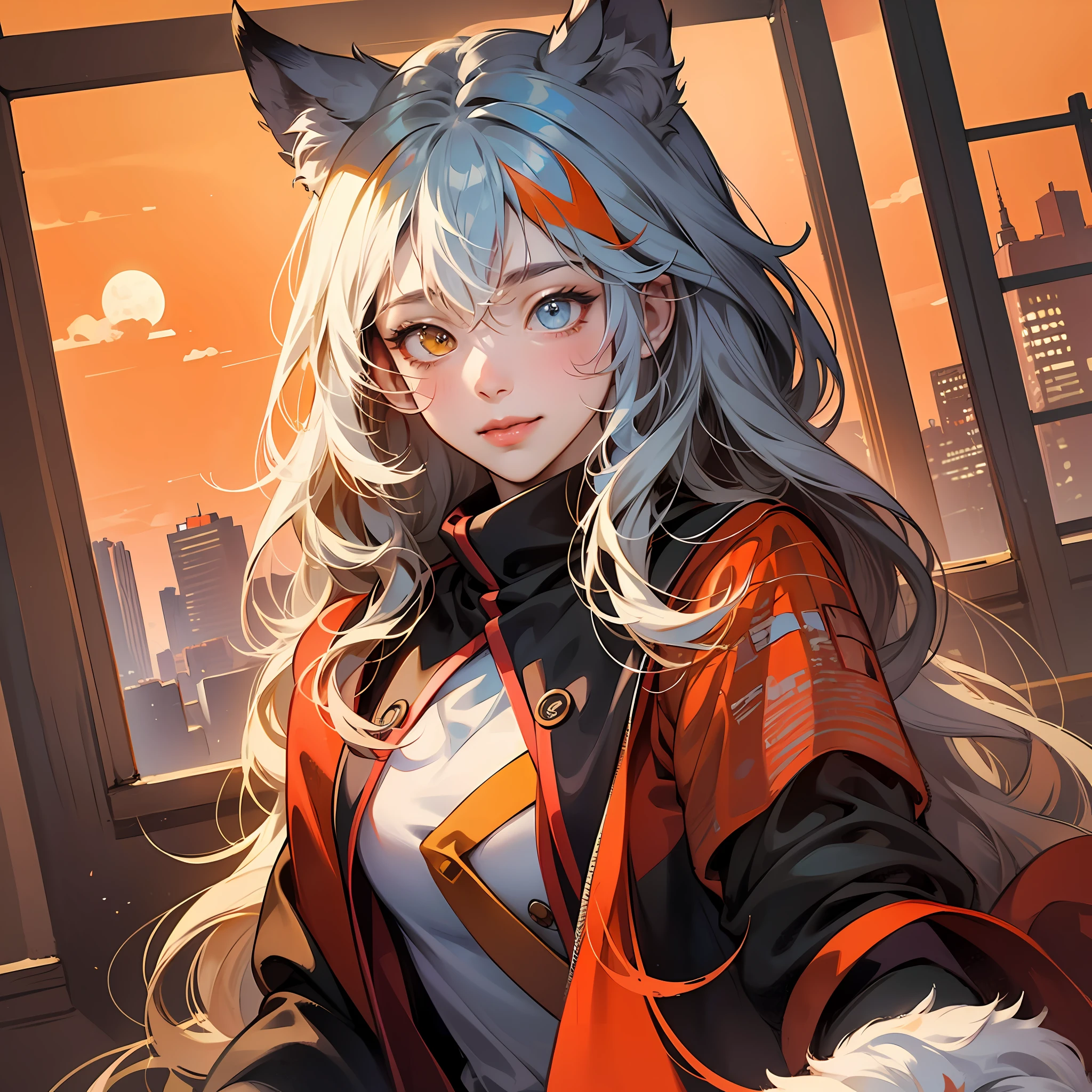 tmasterpiece, best qualtiy, {best qualtiy}, {{tmasterpiece}}, {A high resolution}, painting of a, 2D digital drawing, anime big breast, 1girl, animemanga girl, AS-Adult, exotic, long whitr hair, The color hair, Heterochromatic, colours, colorful, orange skies, wolf smile blush shy 4k hd --auto --s2