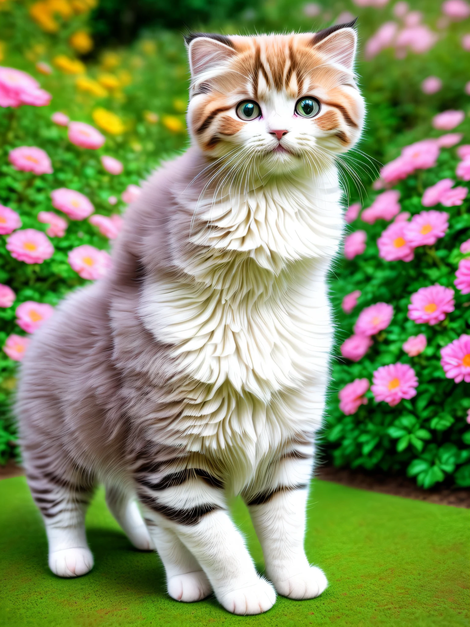 a kitty, (cute), (kawaii), trippy, 8k, ultra details, surreal photography, paws, ((adorable)), lovely, HD, full body, garden flower background, fluffy, ((photo realistic)), nikon d850, rich color, kodak portra 400 camera, naive pose, (Scottish fold breed), super cute, looking at viewer, ((realistic))
