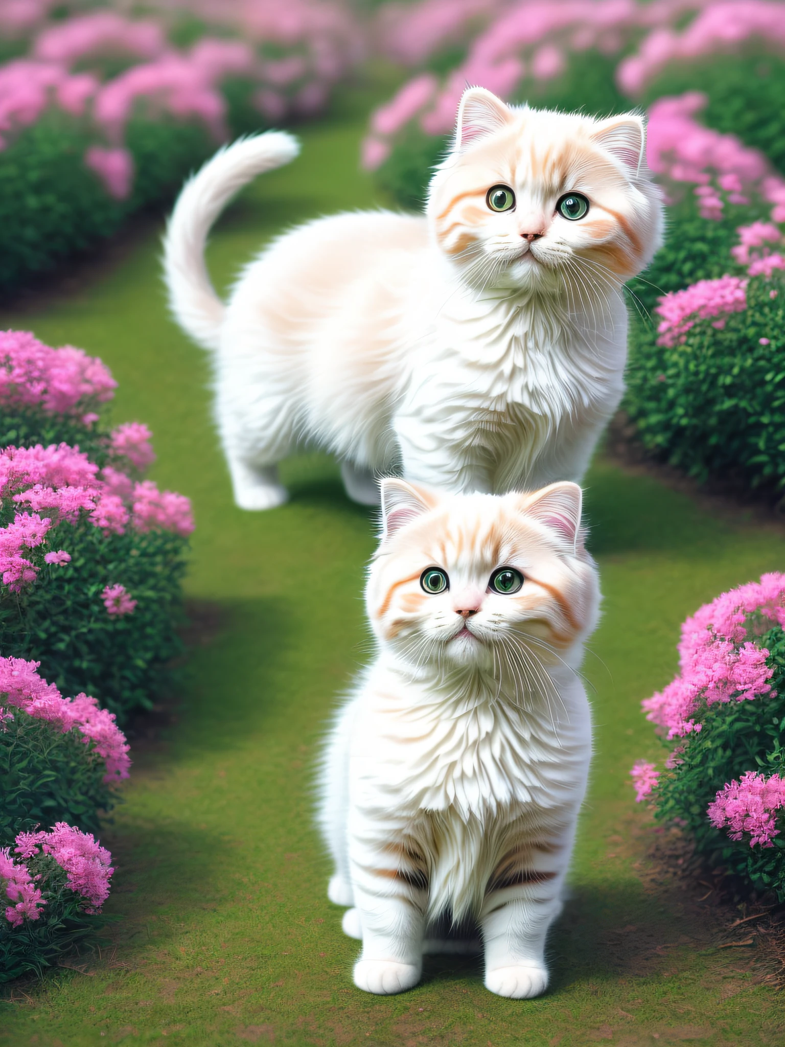 a kitty, (cute), (kawaii), trippy, 8k, ultra details, surreal photography, paws, ((adorable)), lovely, HD, full body, garden flower background, fluffy, ((photo realistic)), nikon d850, rich color, kodak portra 400 camera, naive pose, (Scottish fold breed), super cute, looking at viewer, ((realistic))