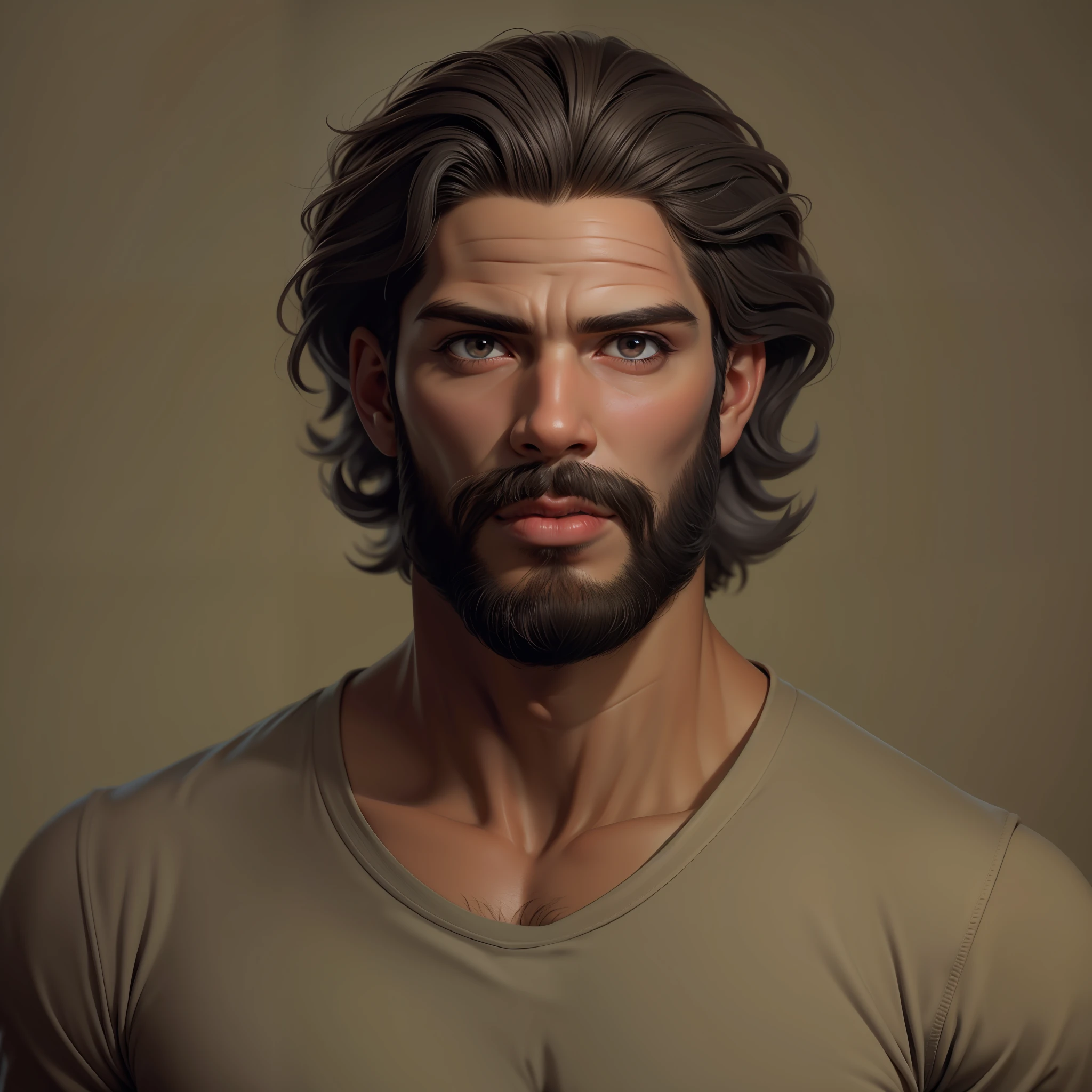 foto BUSTO realista de um homem muito bonito , with Latin features and light brown skin, corpo musculoso e ombros largos e fortes, usando uma camiseta preta apertada, ele tem cabelo cacheado raspado nas laterais, barba muito curta , olhos penetrantes. muito masculino. o fundo da foto rosa.