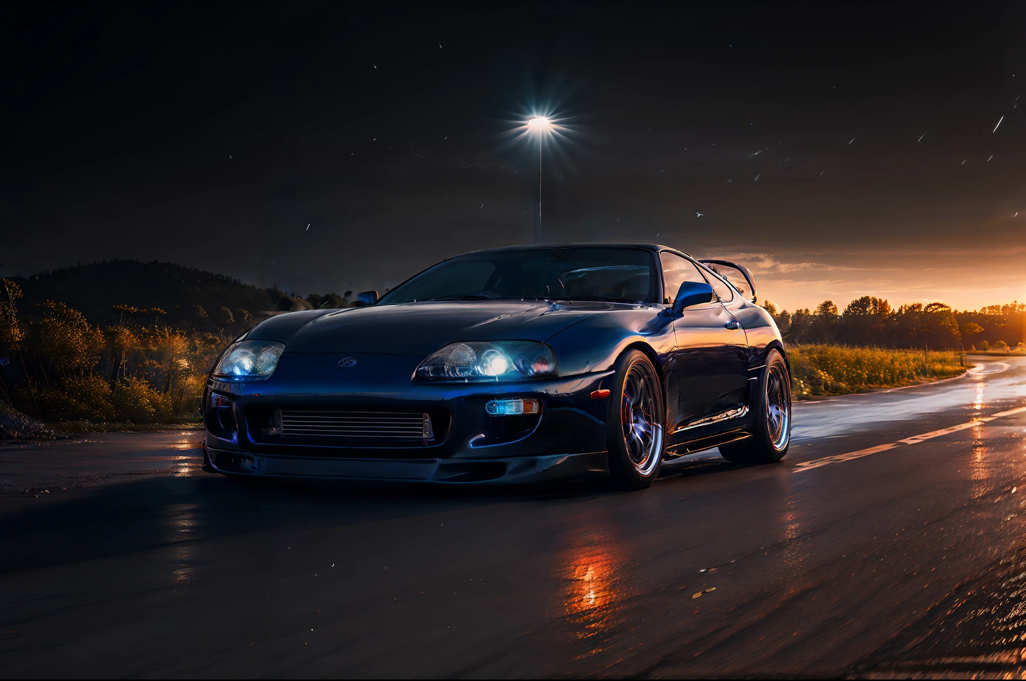 (STANCE), masterpiece,best quality,official art,extremely detailed CG unity 8k wallpaper,illustration, light,car, bright, sports car, vehicle focus, road, ((need for speed)),((NFS)), moving, wet, (((night, midnight))),neon lights,drift,  (MARKII)