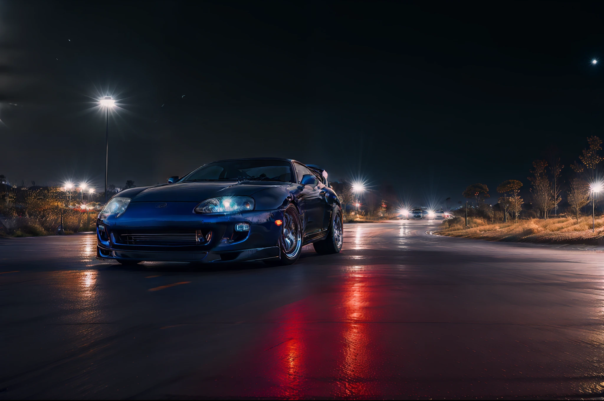 (STANCE), masterpiece,best quality,official art,extremely detailed CG unity 8k wallpaper,illustration, light,car, bright, sports car, vehicle focus, road, ((need for speed)),((NFS)), moving, wet, (((night, midnight))),neon lights,drift,  (MARKII)