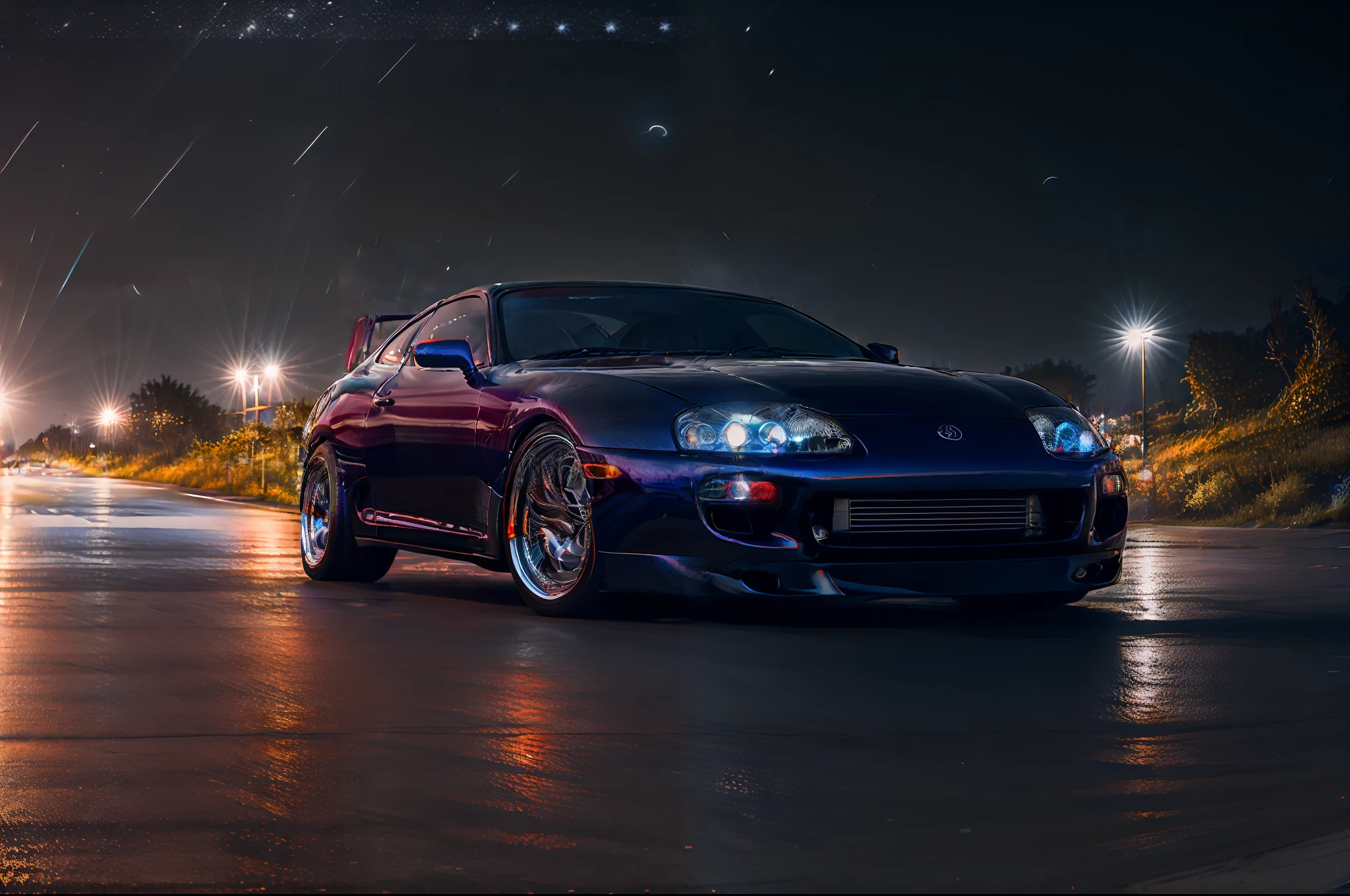 (STANCE), masterpiece,best quality,official art,extremely detailed CG unity 8k wallpaper,illustration, light,car, bright, sports car, vehicle focus, road, ((need for speed)),((NFS)), moving, wet, (((night, midnight))),neon lights,drift,  (MARKII)