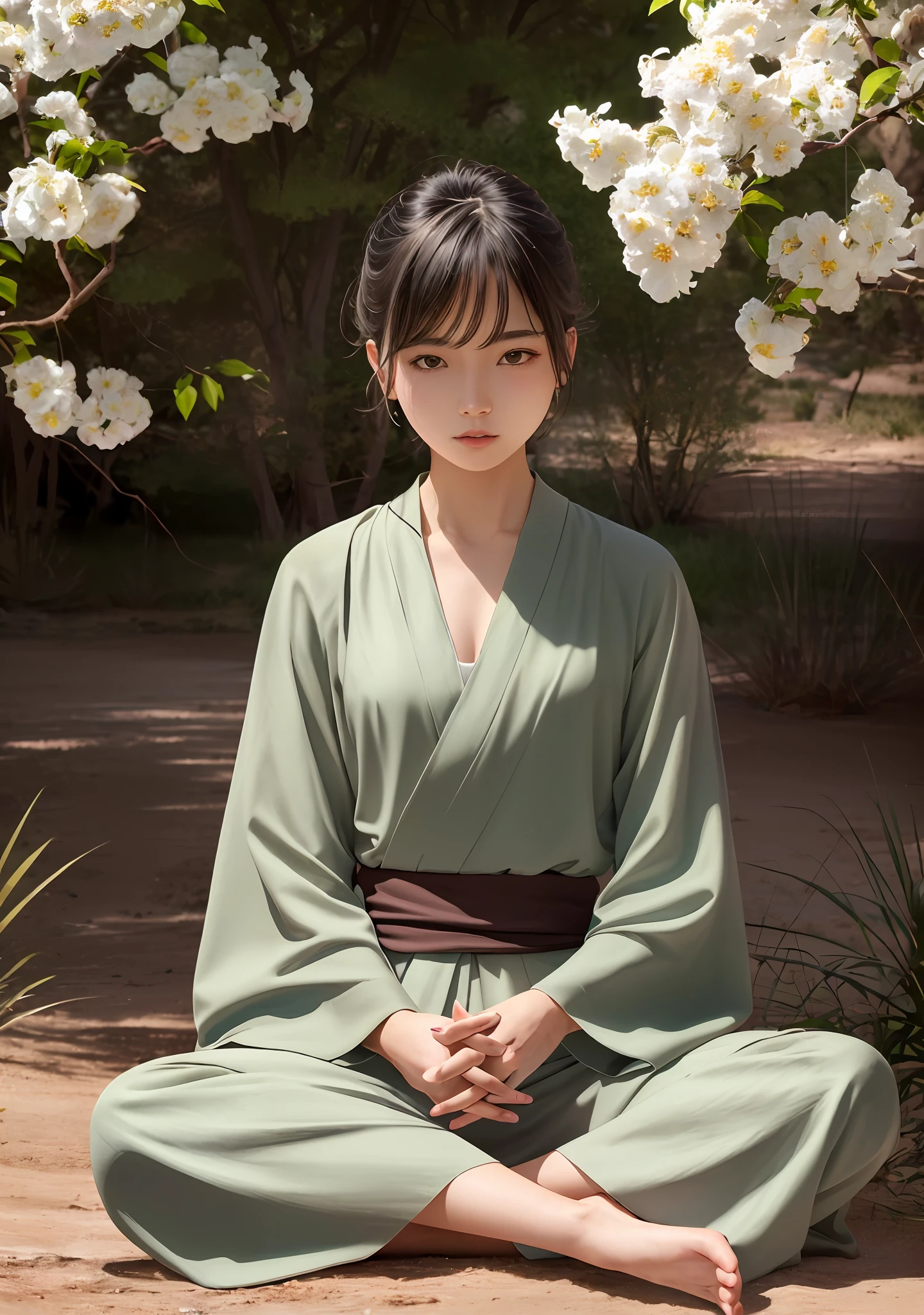 (Jedi meditation:1.3), serene photo,1girl, Jedi master in deep meditation, in jedioutfit, sitting cross-legged, (desert oasis:1.1), surrounded by blooming desert flowers, harmonizing with the Force, spiritual retreat, transcendent tranquility, desert enlightenment, Absurdres, hdr, ultra detailed illustration, extremely detailed face, RAW photo, film grain, skin pores, trending on deviantart