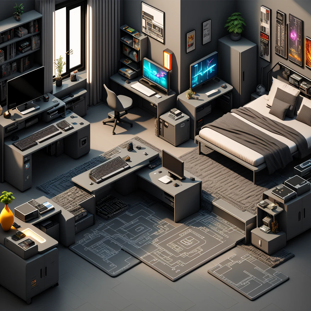 Dream Room 3D Cyberpunk Style Computer ROG Host Creative Gray Bed Gray Carpet One Piece Figure Marquee Keyboard --auto