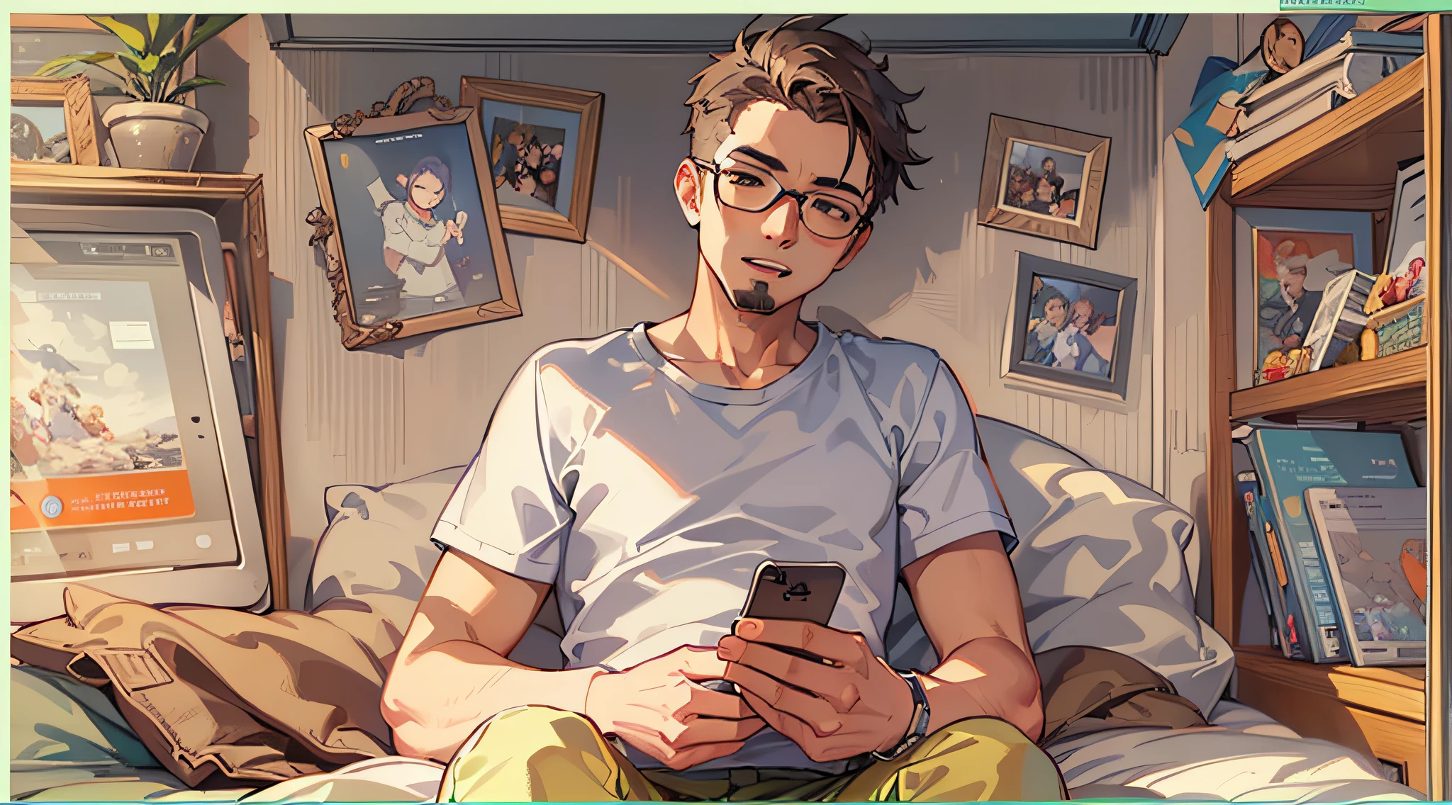 A man lies on the bed,Focus on playing mobile games or browsing social media