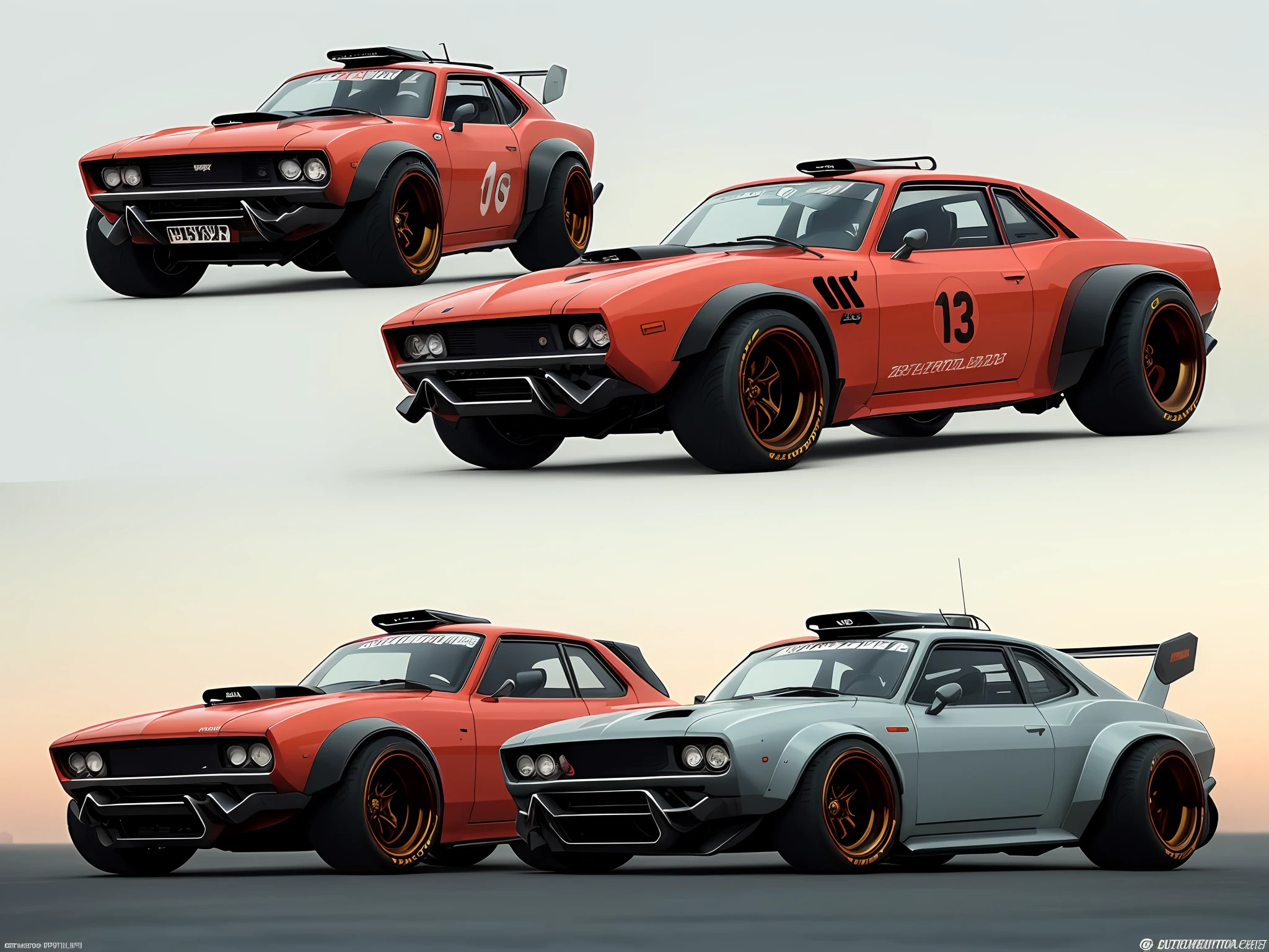 cyberpunk (((hotrod zeekars))) (with glowing rims), wide tires, at the parking lot,