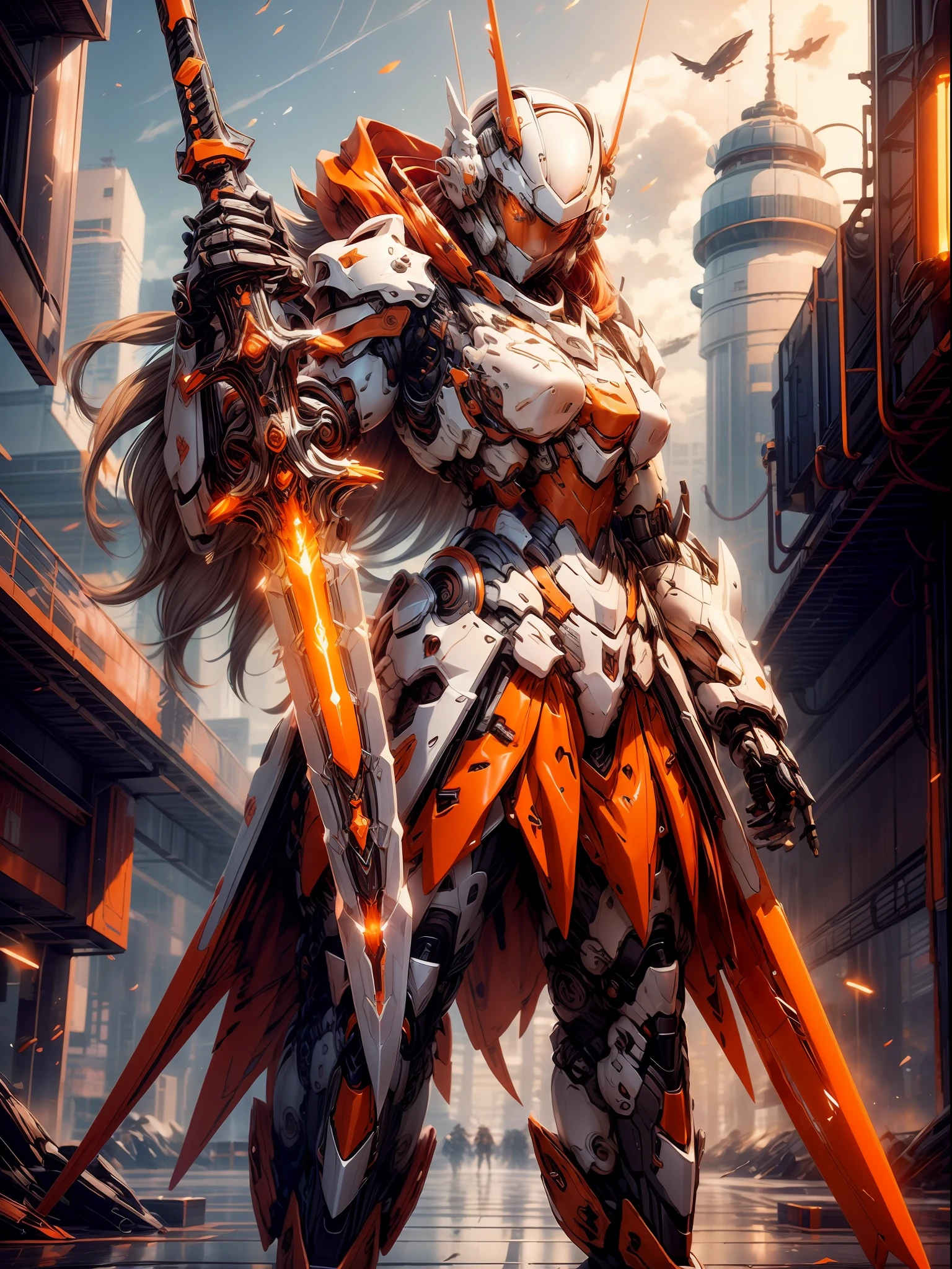 mecha_musume, 1girl, long_hair, science_fiction, weapon, sword, holding_sword, orange_eyes, solo, headgear, holding_weapon, mecha, standing, holding sword, sword in hand, sword hand,((Sword Hand)),upper body