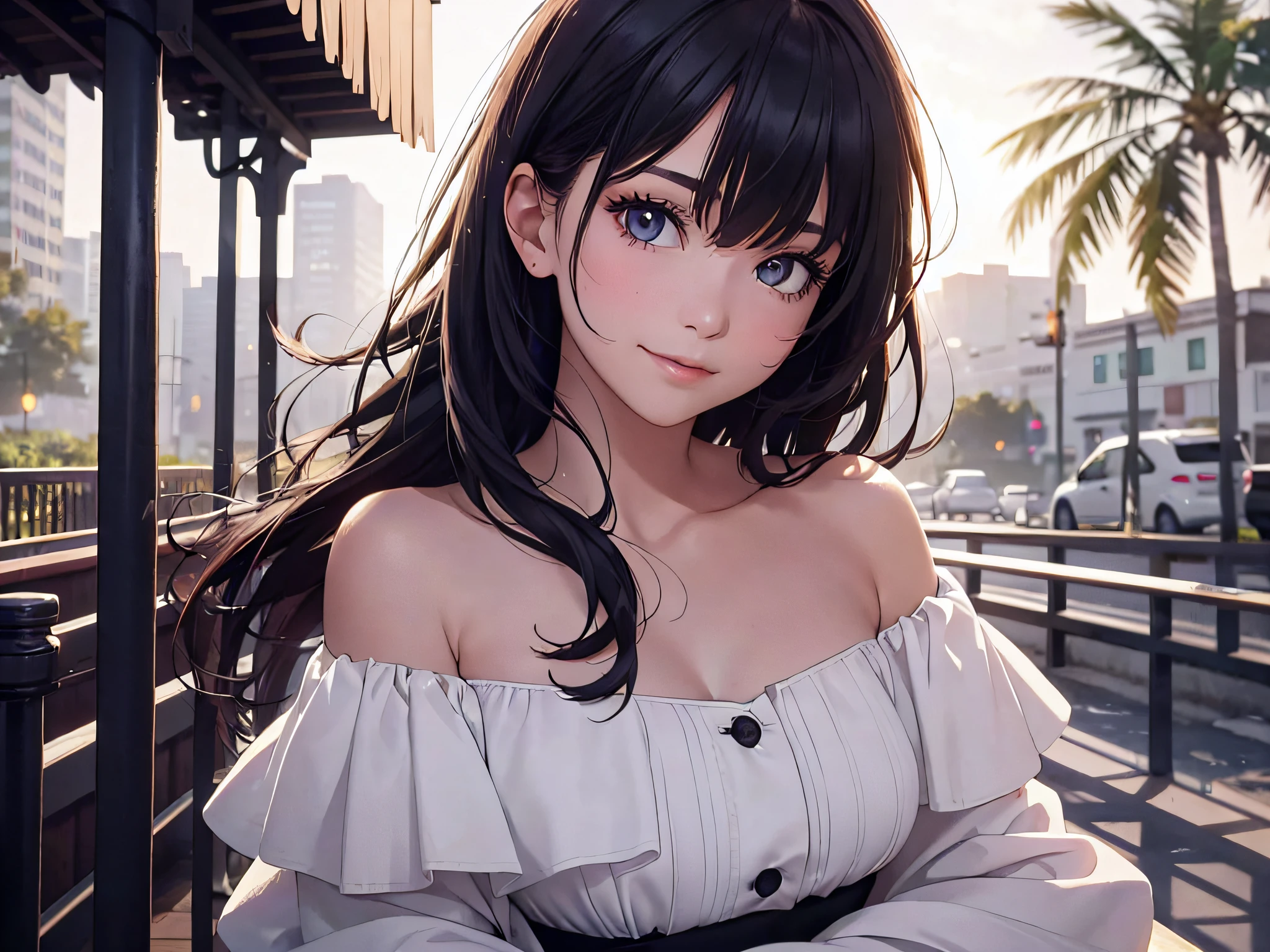 (Best Quality:1.2, 8K, Sharp Focus, master piece: 1.2, Cinematic Light, extremely details CG, beautiful Girl, reality, Detailed face textures, Realistic skin, beautiful makeup, Detailed bangs)), (depth of fields), Bokeh background, Head tilt, Smile, closes mouth, shiny black long hair, Cowboy Shot, white bare top mini dress, jacket off shoulder, wind