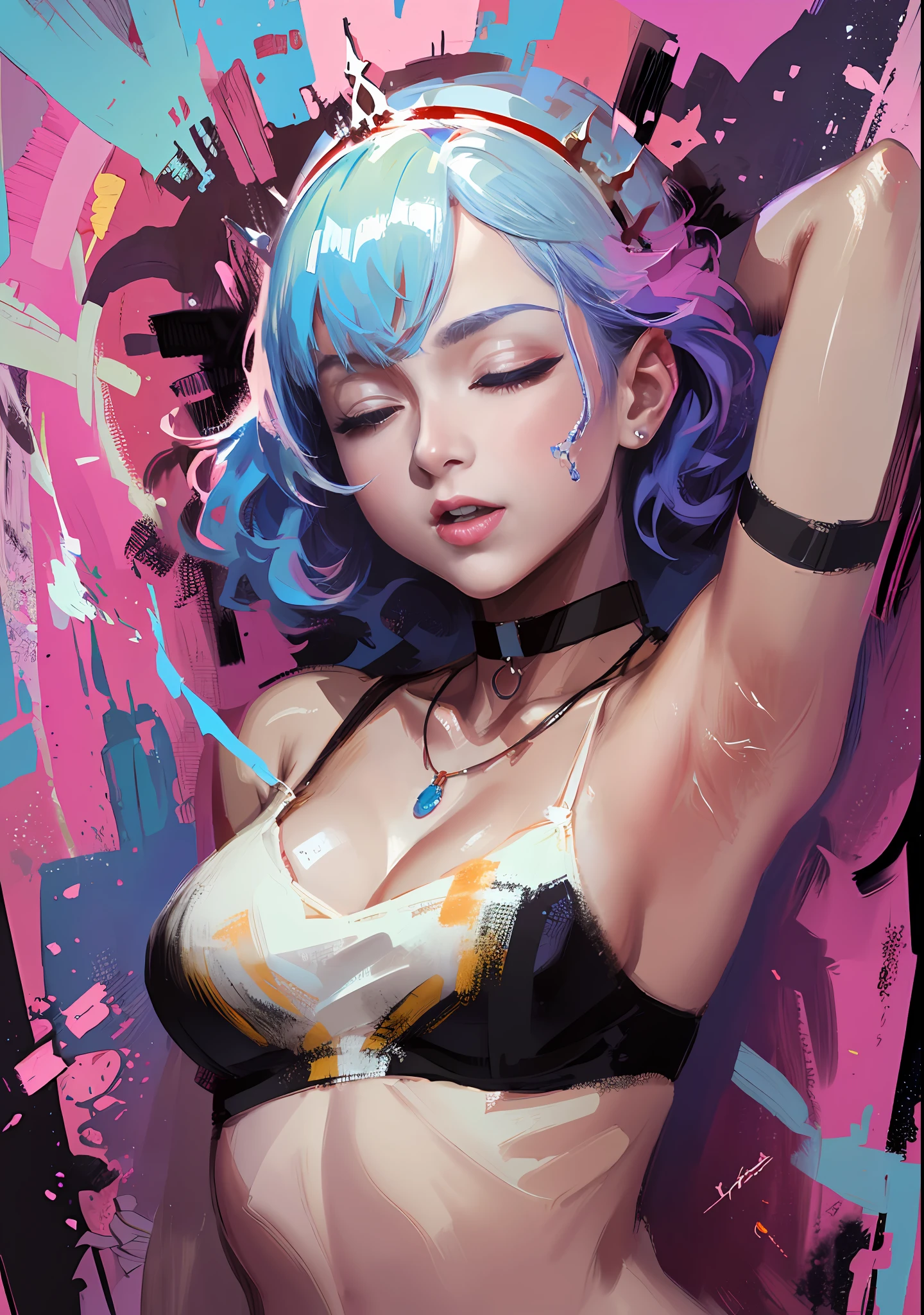 tmasterpiece, best qualityer, 1girll, 独奏, crop tops, denim short, choker necklace, (scribbles:1.5), Back alley、Graffiti artist spray painted wall,paint splatter, Hands behind your back, against a wall, looking a viewer, shairband,(Masterpiece, Best quality, A high resolution:1.4), 1girll, diadems, Hair above one eye, Ed , Woman with her eyes closed and her mouth open,, Facial focus, (((Beautiful actress's face))) , ((Young)), ((Painted)), ((Splash and smear)), (Official painting art))