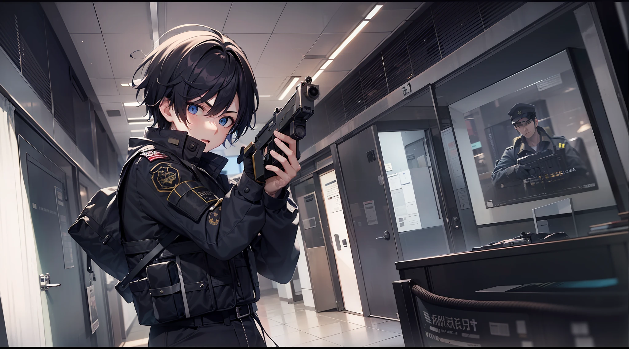 1 boy, attractive boy, handgun, in the dark office building, black clothes, special operations, special force, cinematic action, dynamic entry, looking enemy