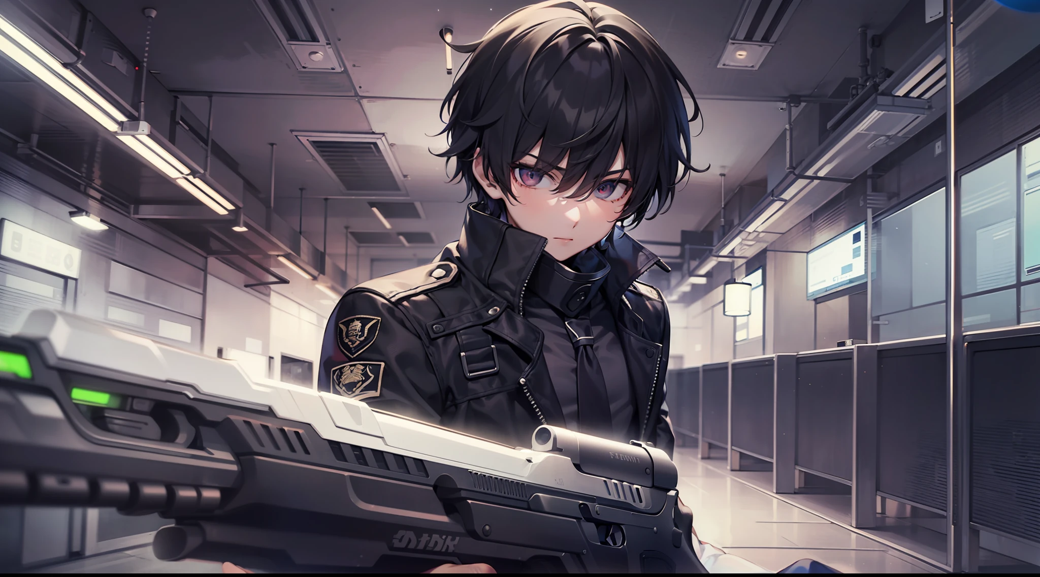 1 boy, attractive boy, handgun, in the dark office building, black clothes, special operations, special force, cinematic action, dynamic entry, looking enemy