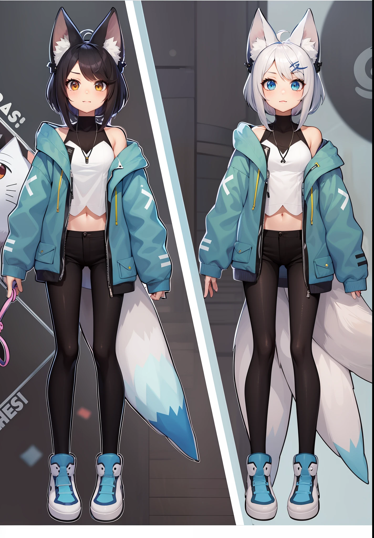 Anime character design of a fox girl with a blue jacket and black pants, full body commission for, modelo live2d youtuber virtual, character adoptable, anime vtuber modelo de corpo inteiro, full body adoptable, single character full body, personagem estilo anime, Fursona usando roupas estilosas, estilo anime hiper detalhado, female furry mini cute style, estilo de conjunto de anime