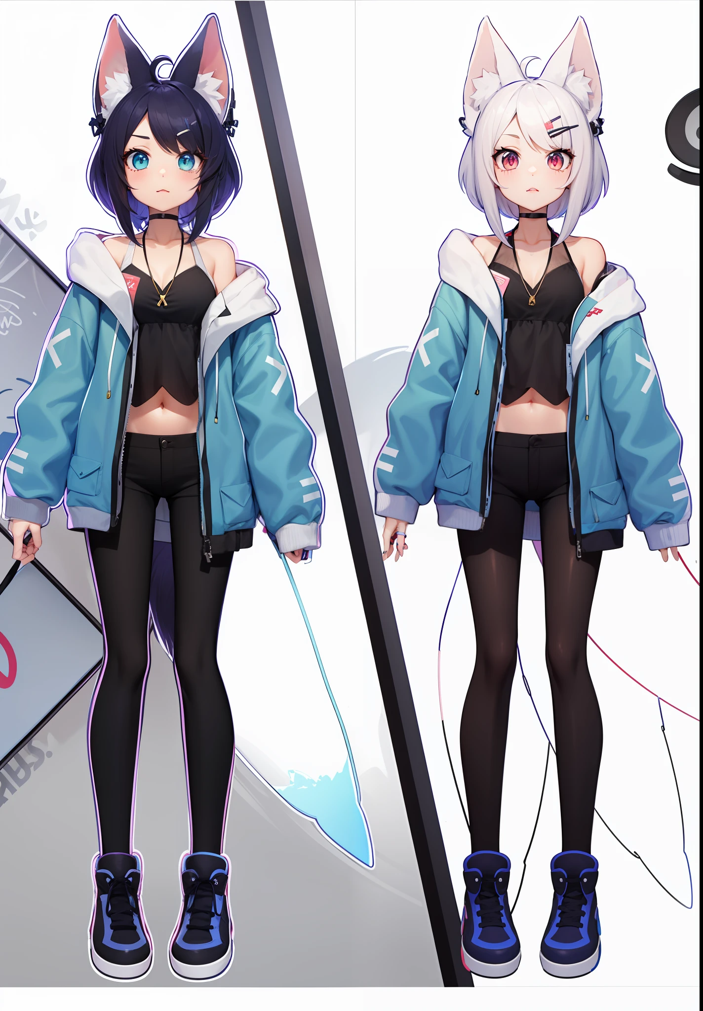 Anime character design of a fox girl with a blue jacket and black pants, full body commission for, modelo live2d youtuber virtual, character adoptable, anime vtuber modelo de corpo inteiro, full body adoptable, single character full body, personagem estilo anime, Fursona usando roupas estilosas, estilo anime hiper detalhado, female furry mini cute style, estilo de conjunto de anime