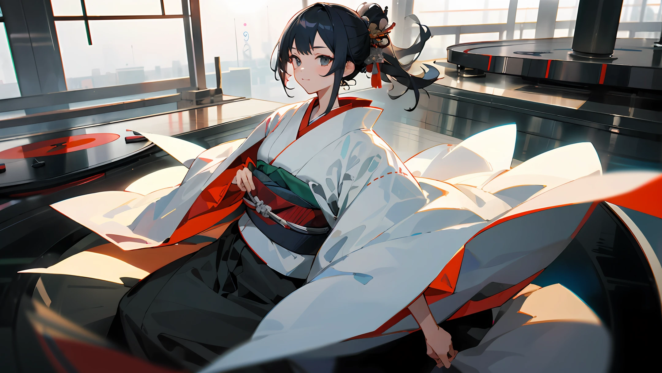 On a large turntable、With a man dressed in white seated、Young woman in kimono standing behind it
