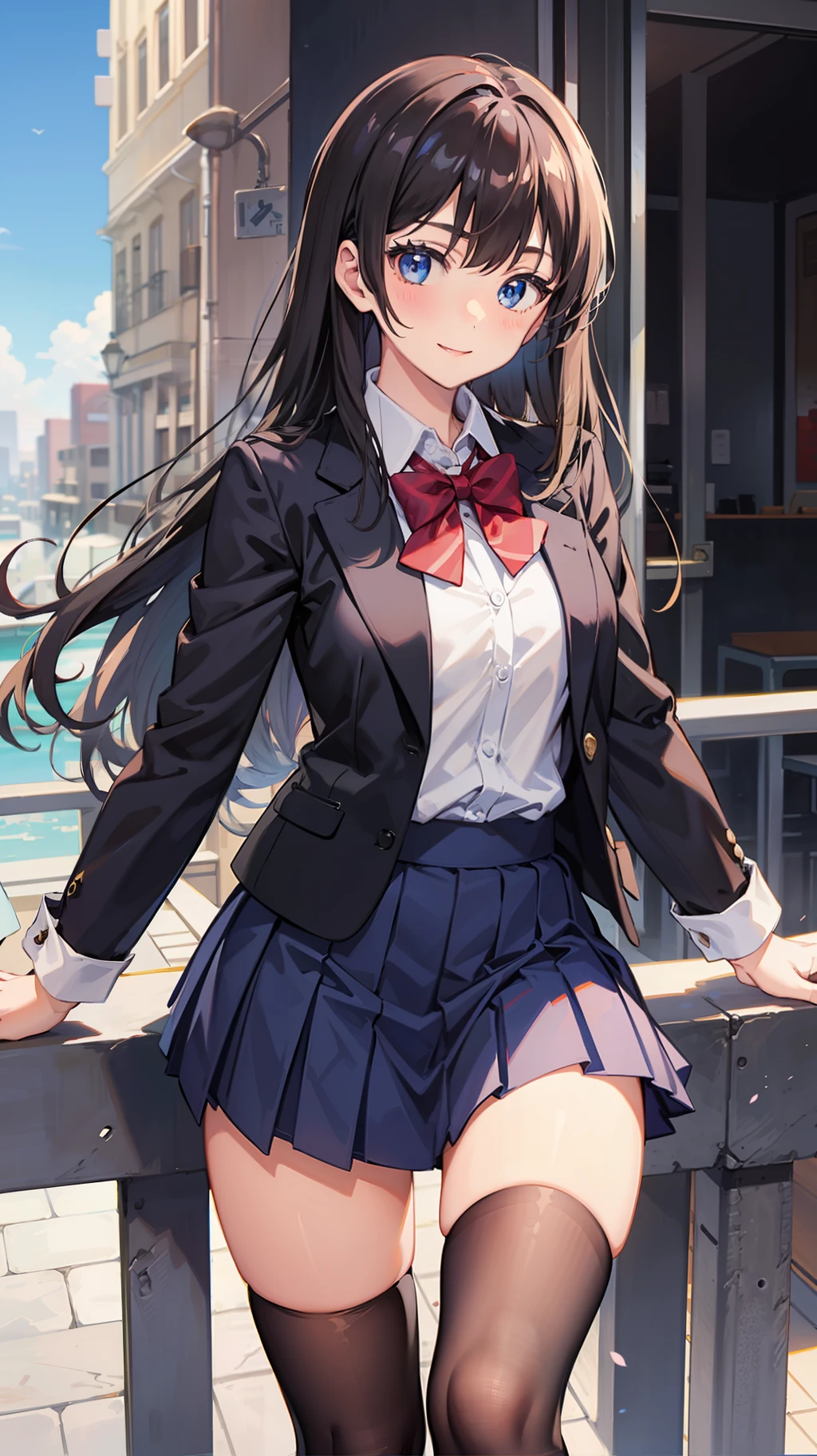 two anime girls in school uniforms posing next one another on a balcony, multiple girls, skirt, 2girls, bow, school uniform, thighs, smile, breasts, blonde hair, long hair, socks, looking at viewer, jacket, bowtie, pleated skirt, outdoors, purple eyes, blue eyes, collared shirt, sky, shirt, bangs, closed mouth, white shirt, black hair, blazer, day, kneehighs, long sleeves, blue sky, red bow