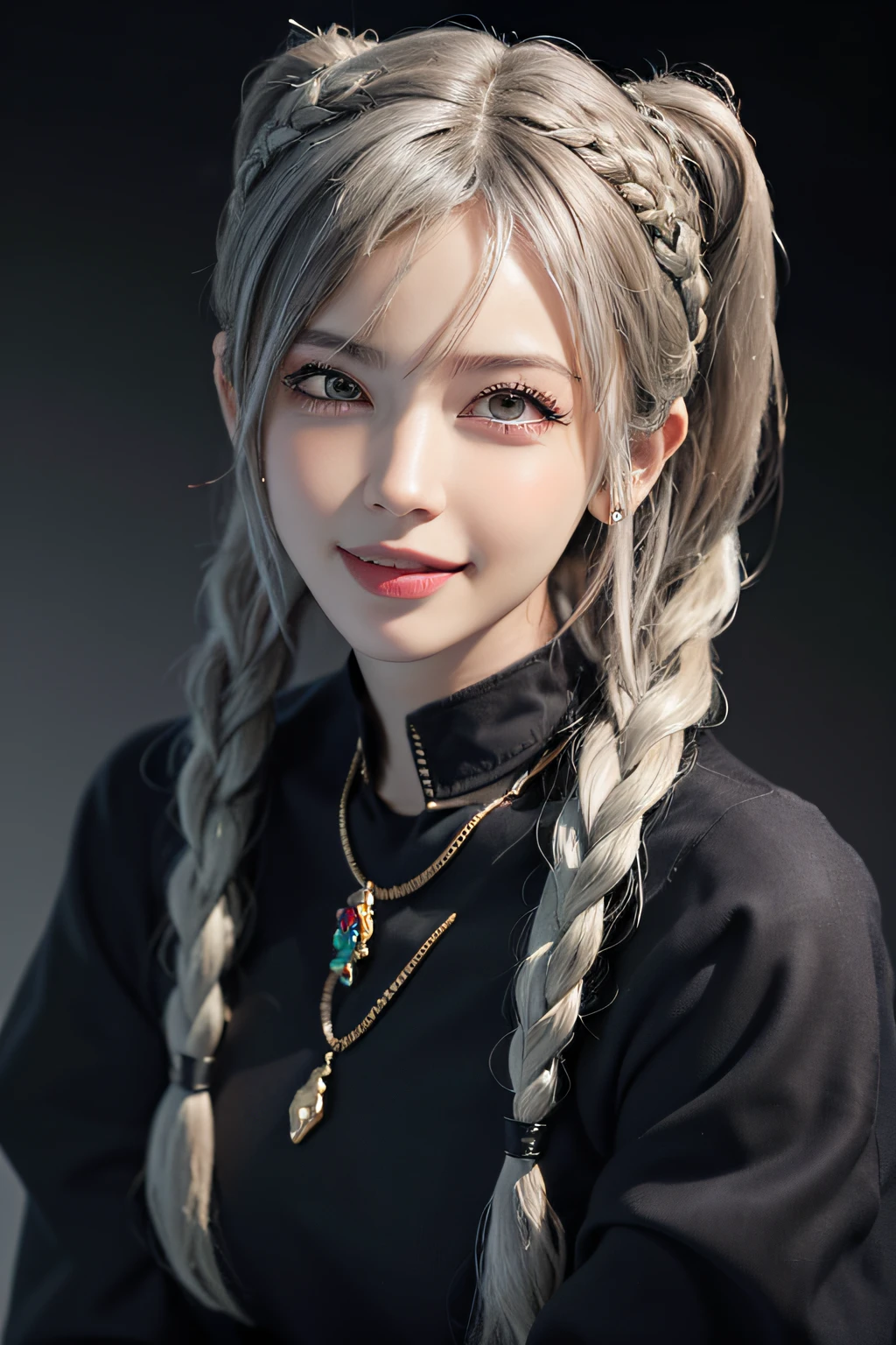 1girl,photorealistic,naughty face, white hair,rolling_eyes,ahegao, open mouth, evil smile, srtong wind,twin_braids, earrings, jewelry, animal,