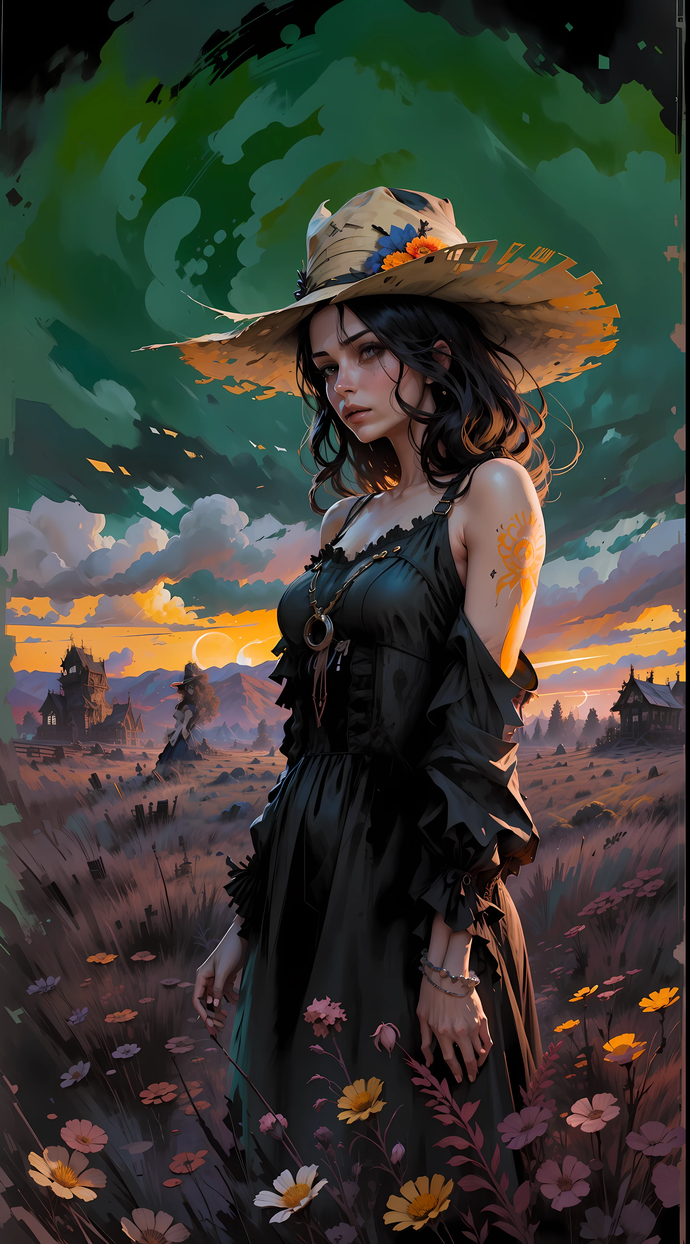 there is a drawing of a woman in a hat and dress, a gouache by Gavin Hamilton, tumblr, digital art, published art, girl in love, illustration!, official fanart, jen bartel, concept art of love, fanart, gothic harts, promo art, matte gouache illustration, witchy, beautiful cowboy witch, added detail, gouache, full product shot, girl in field of sunset flowers, high detail, art by greg rutkowski, stunning, highly detailed, 8k, ornate, intricate, cinematic, defog, atmospheric, (oil painting:0.75), (splash art:0.75),(teal:0.2),(orange:0.2), (by Jeremy Mann:0.5), (by John Constable:0.1),(by El Greco:0.5),(acrylic ink:0.7 5)