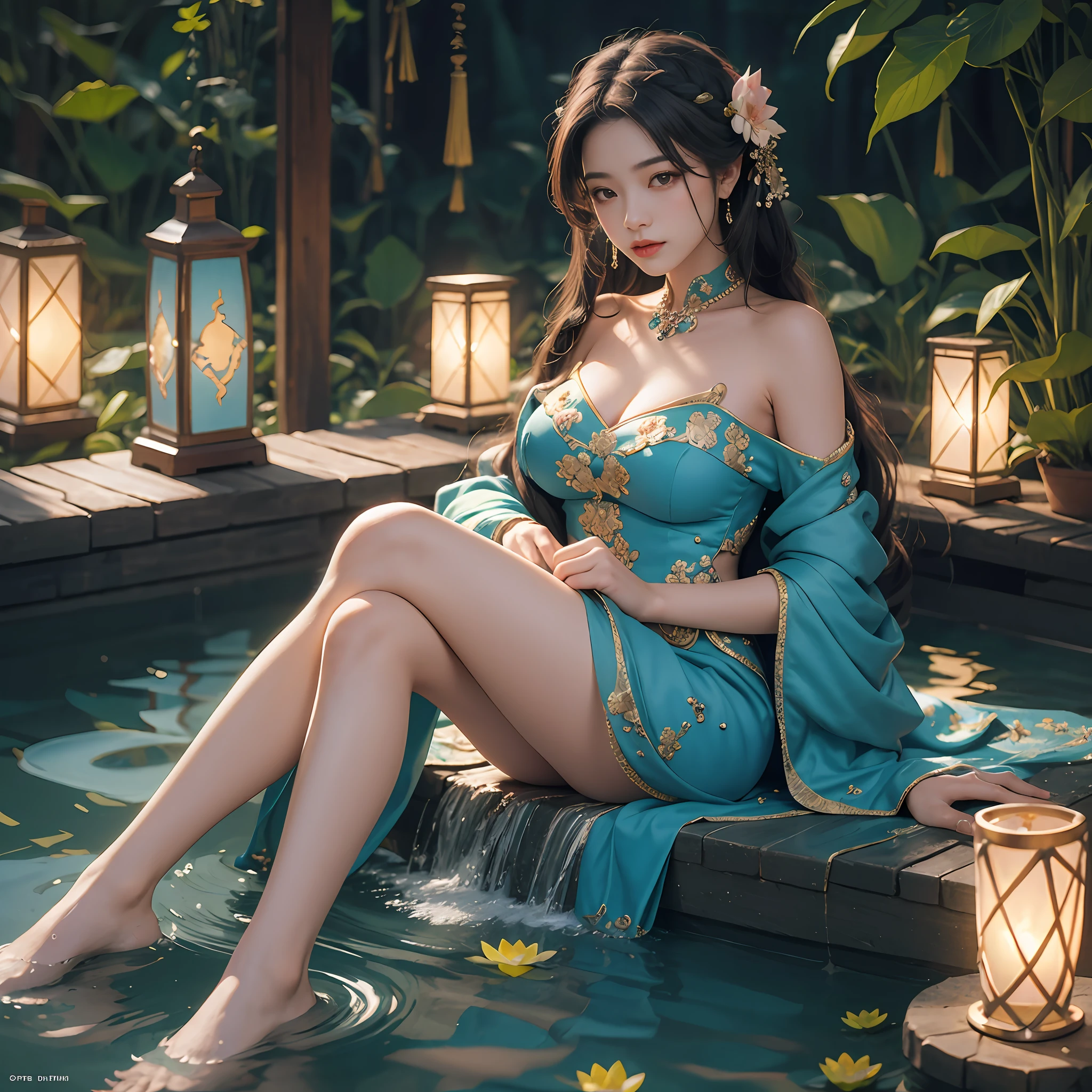 Sitting by a lake full of lotus flowers, her feet playing in the water, the art depicts a charming woman with a melon face, dressed in a flowing, silky traditional oriental dress, long, aqua blue, decorated with intricate patterns and bright colors. Her dress drapes elegantly over her curvy figure, accentuating her seductive silhouette. She sits gracefully by the tranquil lotus lake, her feet playing in the water, bathed in the soft glow of the moonlight. The scene exudes an ethereal and dreamy atmosphere, with a touch of mystery and sexiness. The graphic style blends watercolor and digital illustration techniques to evoke a refined beauty and charm. The lights are filled with soft moonlight, casting soft highlights and shadows on her charming features. Bare thighs, big breasts, three-dimensional facial features, sitting, upturned legs, side braids
