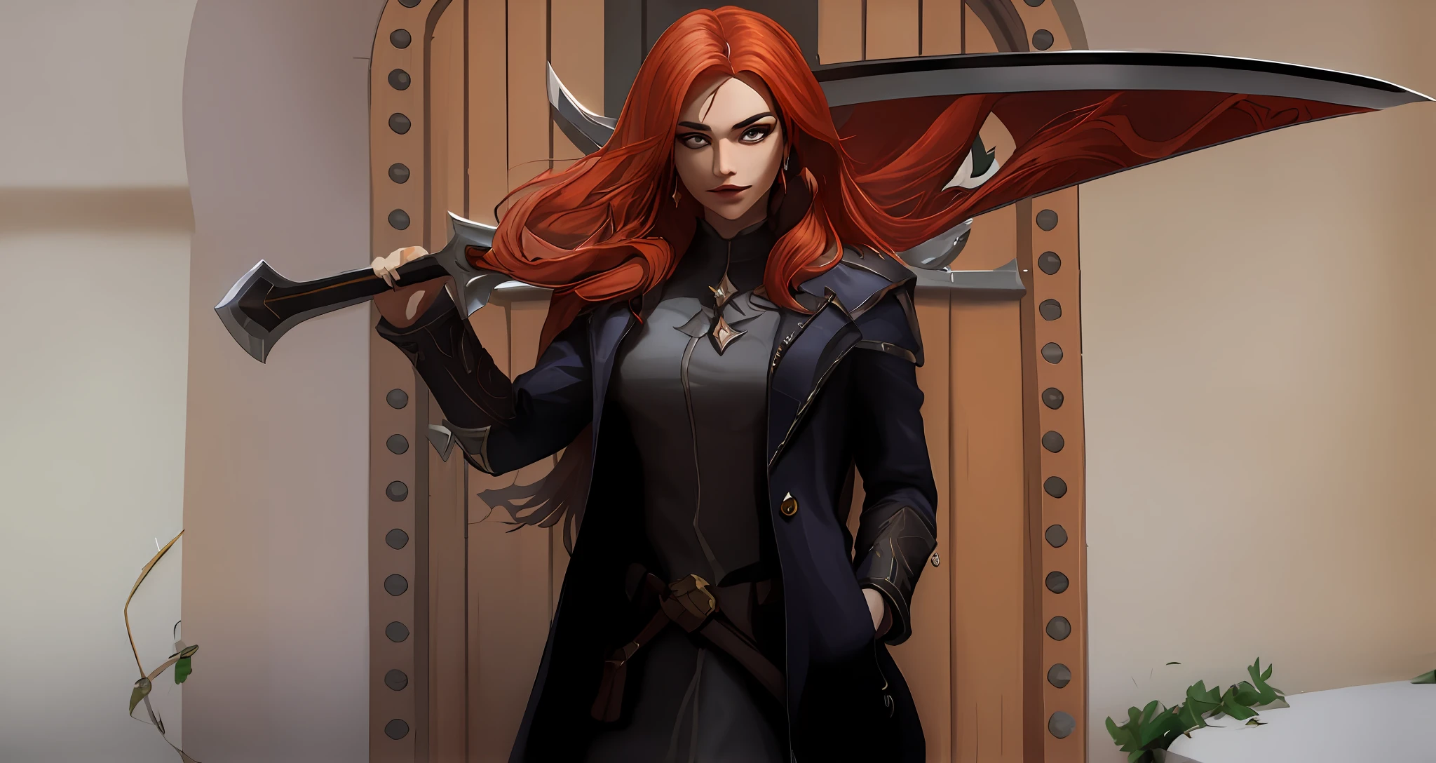Garota com cabelo vermelho e um casaco preto segurando uma espada de carne em frente a porta de um castelo, com longos cabelos vermelho cereja, mulher musculosa sensual, com cabelos vermelho cereja, com espada grande, ela tem cabelos cereja, cabelos vermelhos cereja e olhos vermelhos, League of Legends Splash Art, detailed face, detailed hand, espada viva, espada de carne viva, espada viva com olhos, melhor qualidade, garota, mulher, female, espada com olhos, sword made with muscles equal to that of animals, rosto anime, anime face, light skin, lolstyle