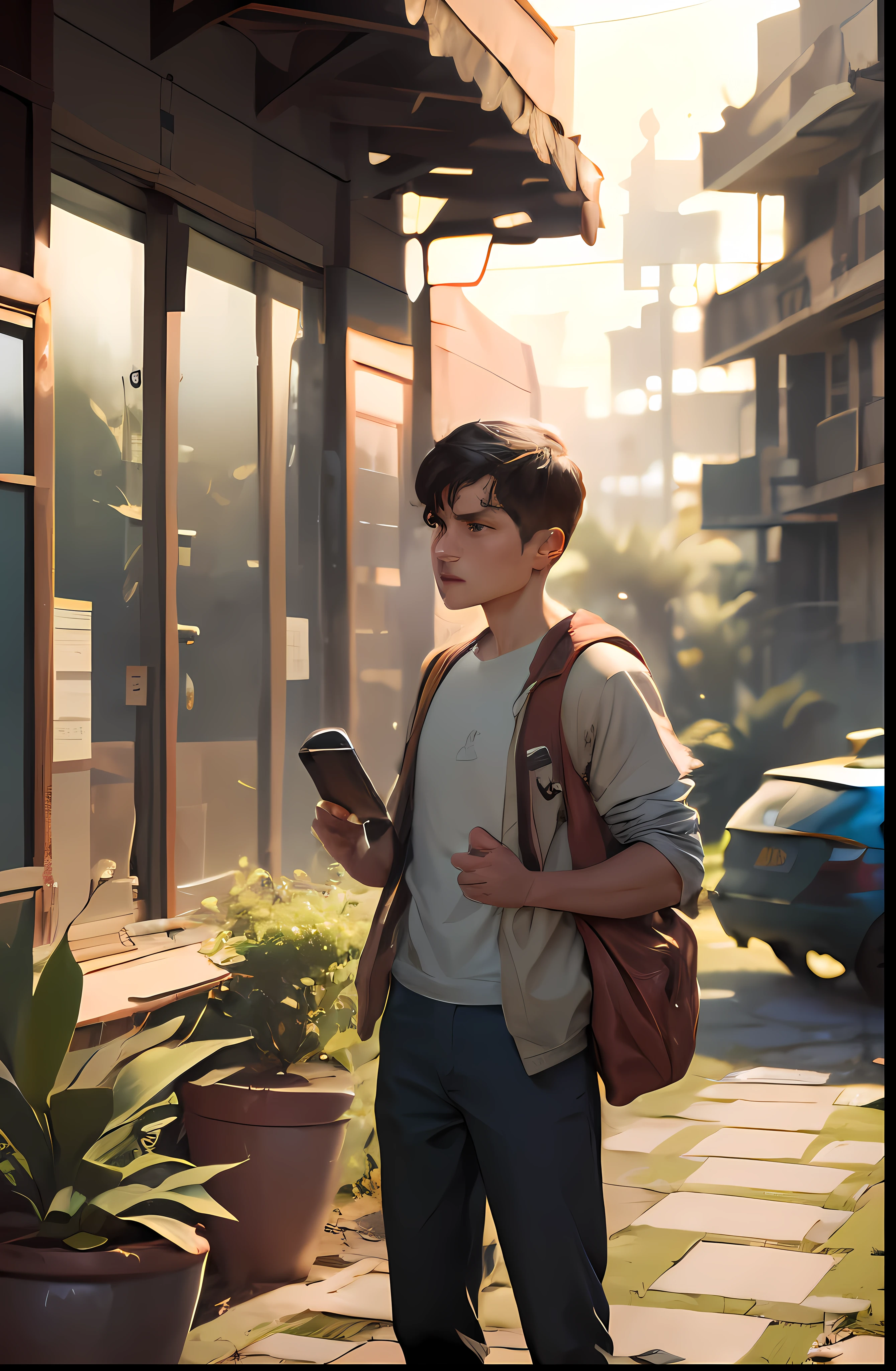 "In this scene, The brother took out his mobile phone to answer the call, The cigarette butt in his hand fell to the ground.
He stands in a spacious outdoor area, Bask in the brilliant sun, Create a warm atmosphere. His expression was focused and serious, As if waiting for an important call.
The cigarette butt in his hand had burned out, He accidentally dropped it to the ground. The cigarette emits a faint smoke, Drift with the breeze, Create a cooling sensation.
At this moment, He held the phone close to his ear, Listen to the voice coming from the other end of the call."