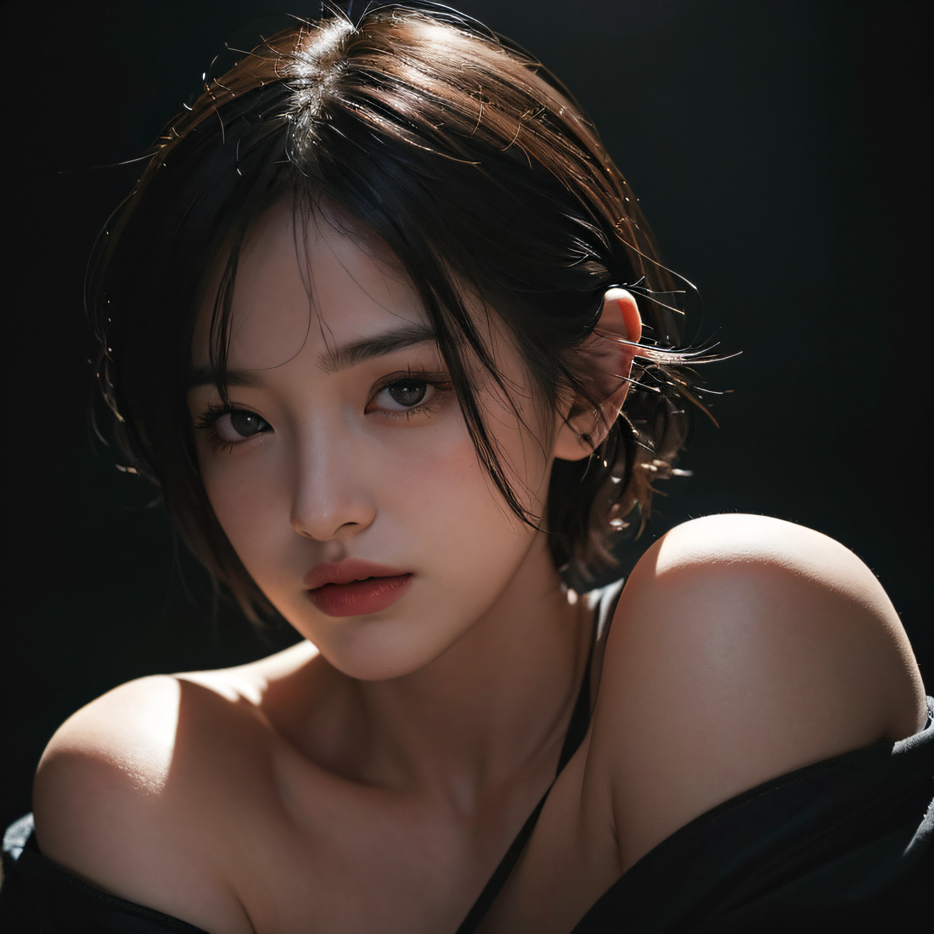 Best quality, masterpiece, ultra high res, (photorealistic:1.5), raw photo, 1girl, offshoulder, in the dark, deep shadow, low key, cold light, sexy look, short hair