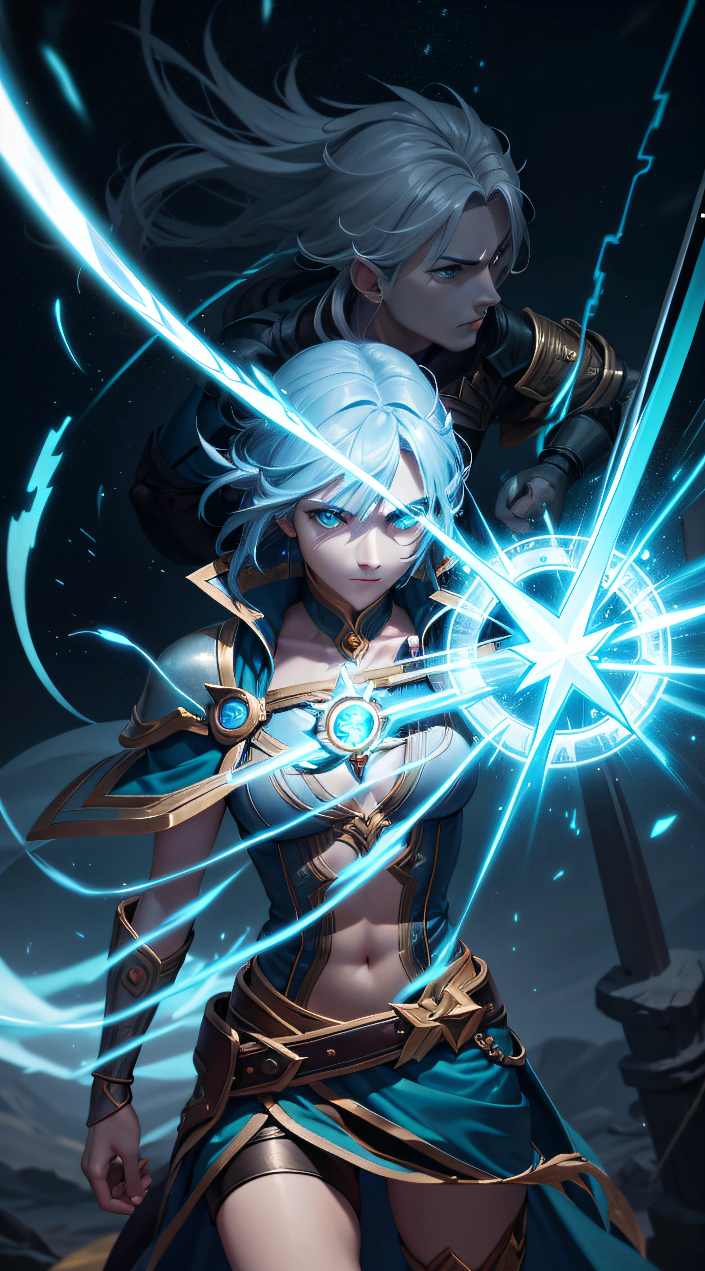 arafed image of a male with a sword and lightning in a circle, kaladin stormblessed, female lightning genasi, an epic anime of a energy man, full portrait of electromancer, stormlight archive, key art, ezreal (league of legends, cyan lightning, lightning fantasy magic, goddess of lightning, zenithal lightning