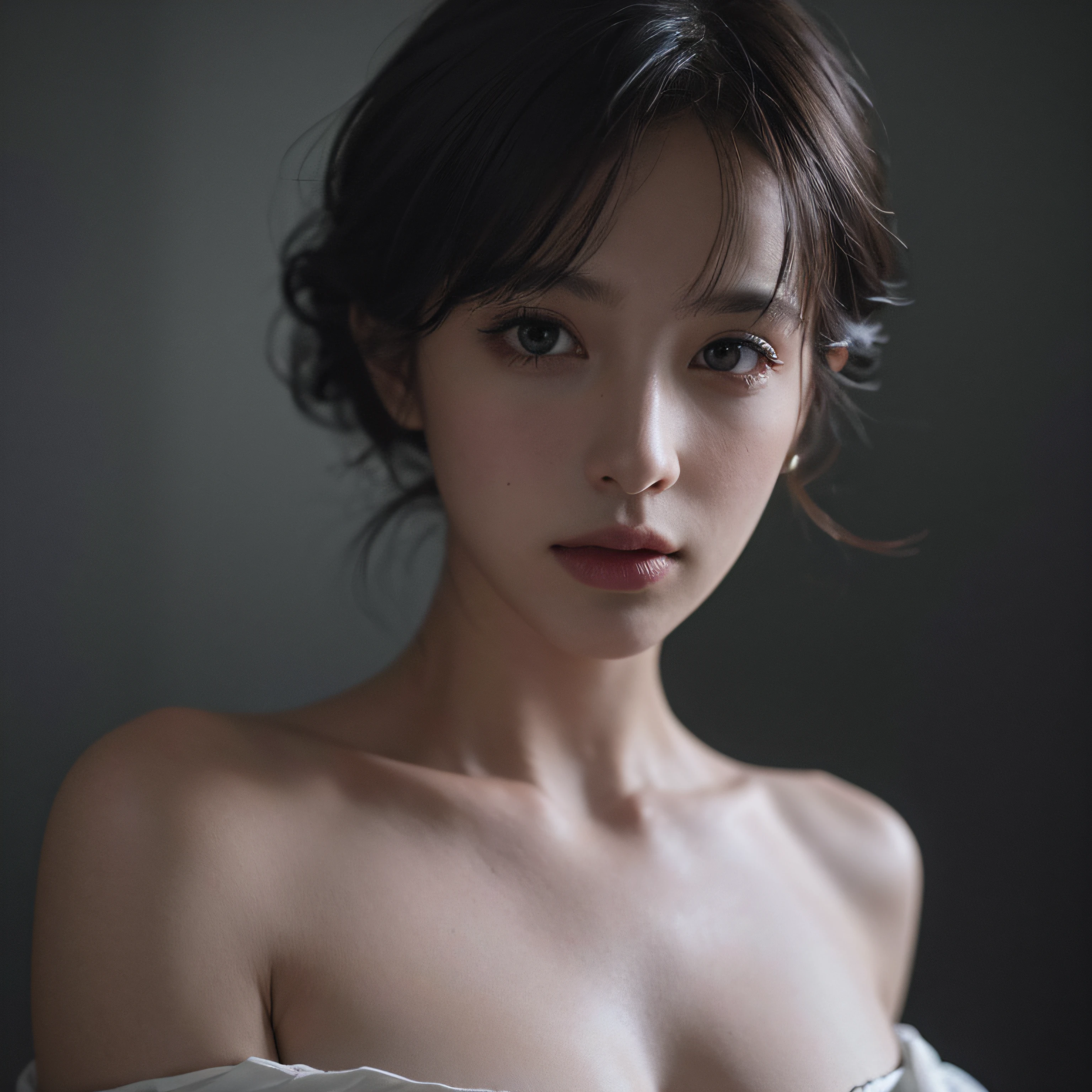 Best quality, masterpiece, ultra high res, (photorealistic:1.5), raw photo, 1girl, offshoulder, in the dark, deep shadow, low key, cold light, sexy look, short hair