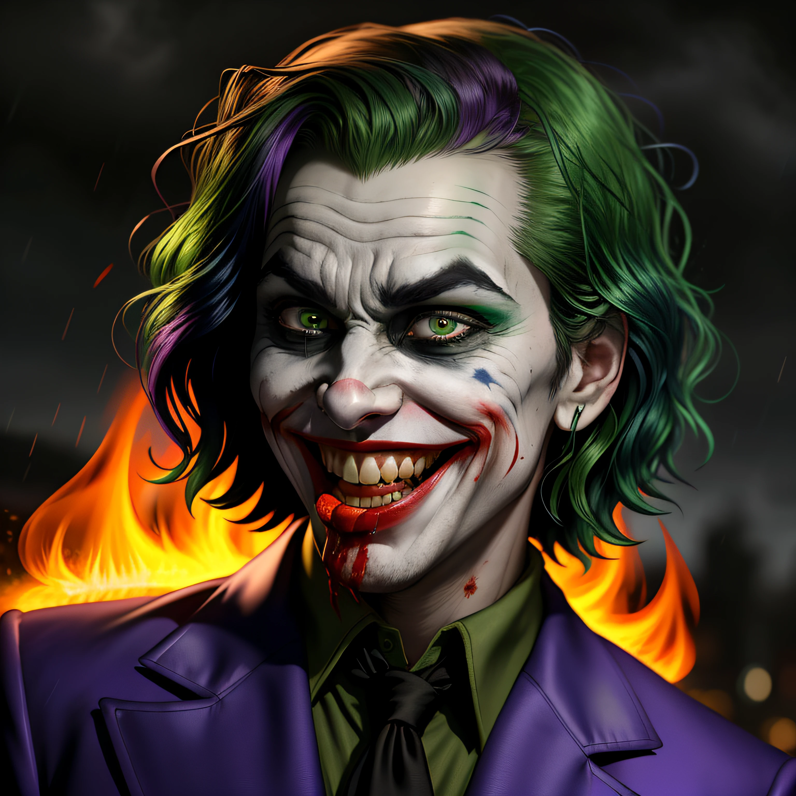 Joker,Crazy smile, Evil grimace, High detail, Cinematic image, Toxic green hair, Detailed teeth, Blood-colored gums, Bloody mouth, Crazy stare, Evil stare, Wiry, Vignette, Dark background, Rain, Flames in the background, HDR, 4K textures