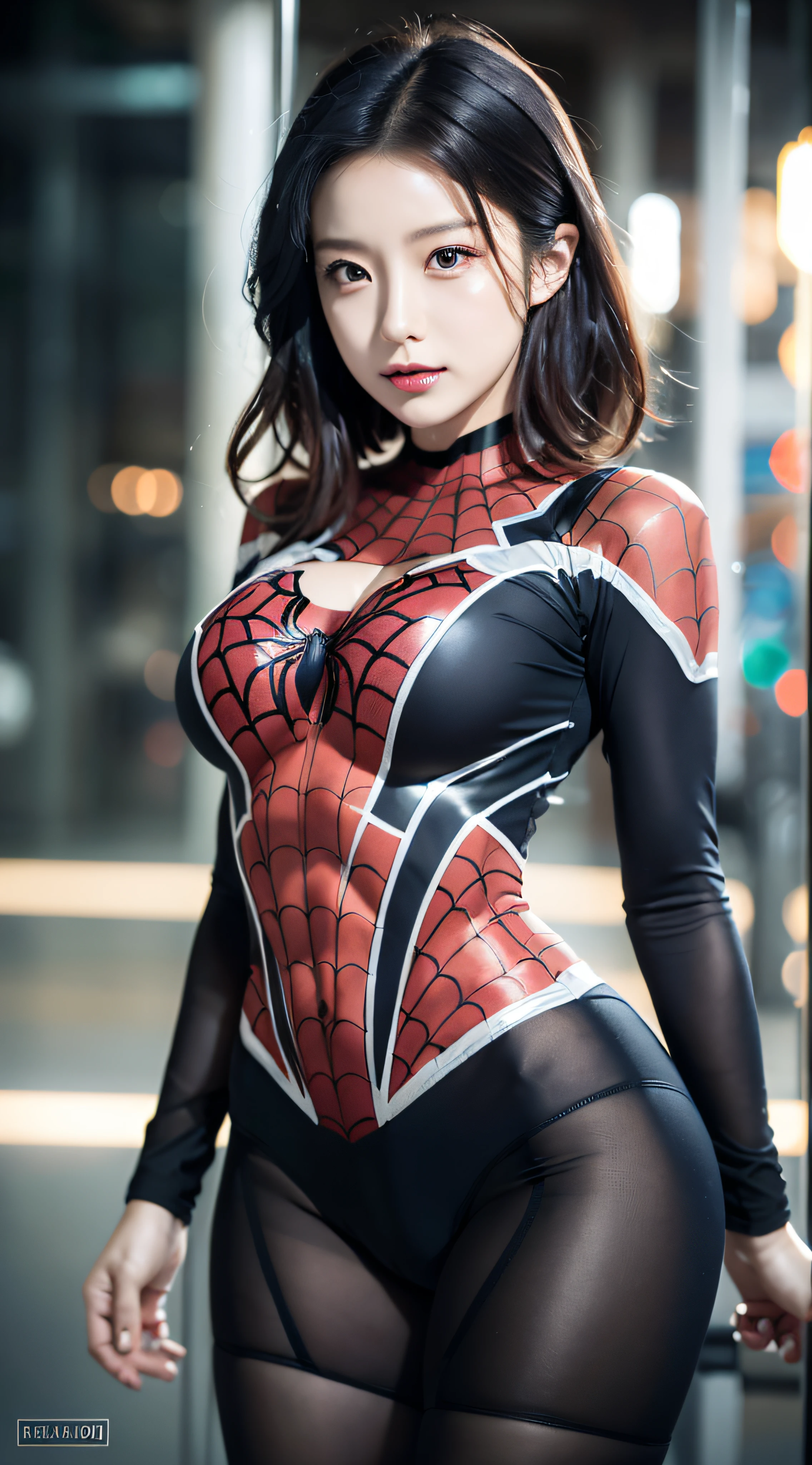 tmasterpiece,1 Chinese girl,realisticlying,8K UHD,high high quality,in the background bokeh,Delicate hair accessories,spider-man suit,Spidey,Clothes wrap around the whole body,Tight clothing,Well-developed muscles,Abs,biceps,Short black hair,s the perfect face,shining face,Ultra-clear face,Elaborate Eyes,二重まぶた