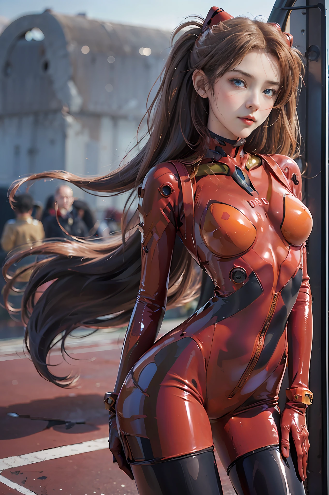 Masterpiece,8k,3D,((Full body:1.2)),(Realistic),Ultrafine photo,Best quality,Official art,Realistic realism,sunlight,(((Female NSFW))) 25years old,Tall and small face,,(Perfect proportions:1.1),(1.2 from bottom),Dynamic angle,(Pose with hands on hips),(( Souryu Aska Langley,Souryu Aska Langley Plug Suit 02:1.5), ((Blue Eyes,Beautiful Face, Beautiful Eyes)), Pretty Face, Wet Eyes, Face,Detail Face, Detail Lips, Detail Eyes, (Thin Sharp Pale Eyebrows, Long Eyelashes), Double Eyelids, Realistic Skin Texture,Visible Pore,Seductive Smile, Gentle Look, Fleeting Expression,Thin and Muscular,( High-leg swimsuit: 1.1), see-through: 1.1,,(Dark Red rubber suit with strong metallic luster and smooth surface), (Sexy Tight metallic shiny dark Red latex suit),Dark Red bodysuit, which shines like a mirror,(Black tight latex shiny on the inside of the arms), (Black connection under the chest in a precise circle:1.5), Precise circle shoulder black connection: two simple black wide latex, from thighs to buttocks, ((red tight latex gloves)), from below, (sleek body line)), (pale thin eyebrows), loneliness, blush, shy, to8 contrast style, (glossy), delicate clothing wrinkles, beautiful light brown hair,twin tails, (dynamic sea background: 1.1, strong sunlight:1.1,Navy aircraft carrier background,), DSLR, Fujifilm XT3, Sharp Focus:1.1, maximum clarity and sharpness, accurate simulation of light-matter interaction,