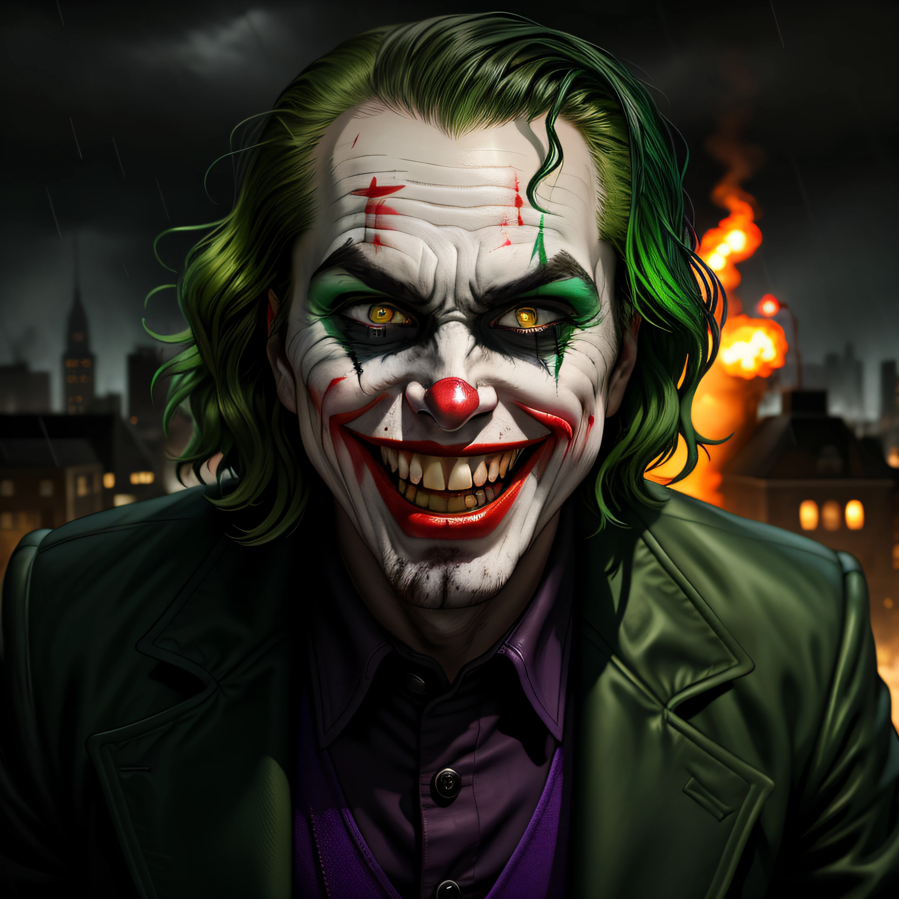 Joker,Crazy smile, Evil grimace, High detail, Cinematic image, Toxic green hair, Detailed teeth, Blood-colored gums, Bloody mouth, Crazy stare, Evil stare, Wiry, Vignette, Dark background, Rain, Flames in the background, HDR, 4K textures