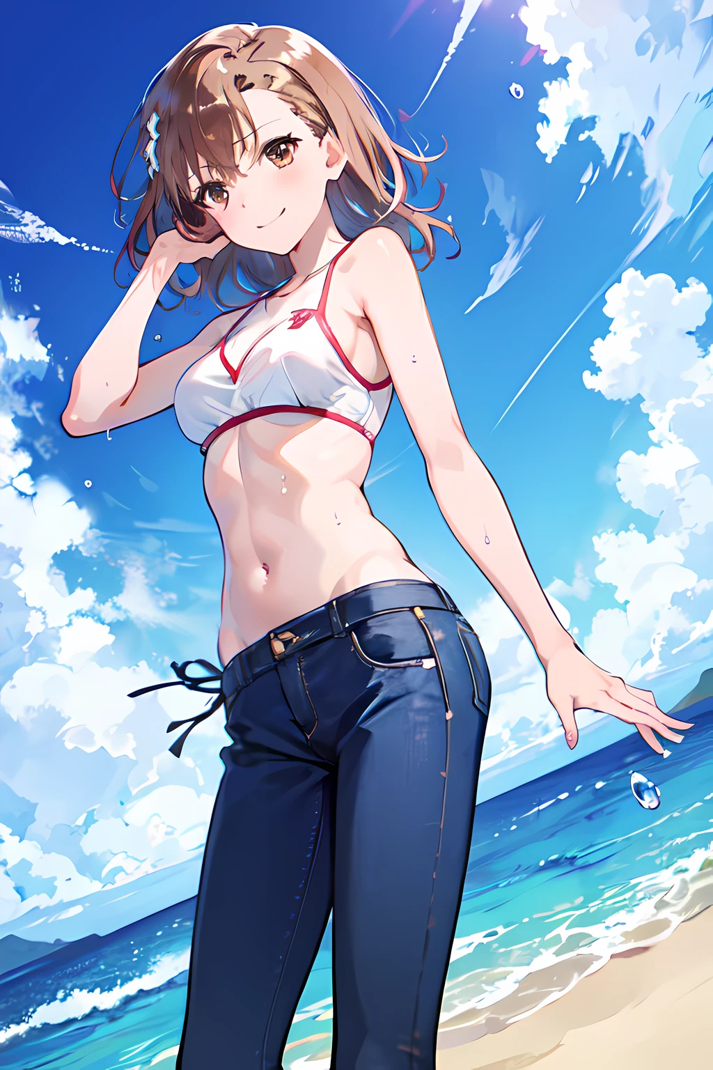 highres, best quality, masterpiece, dutch angle, 22yo, misaka mikoto, medium breasts, standing on beach, bikini_jeans, brown hair, brown eyes, looking at viewer, light smile, splash, wave, wind, tropical island, beautiful sky, wet skin,