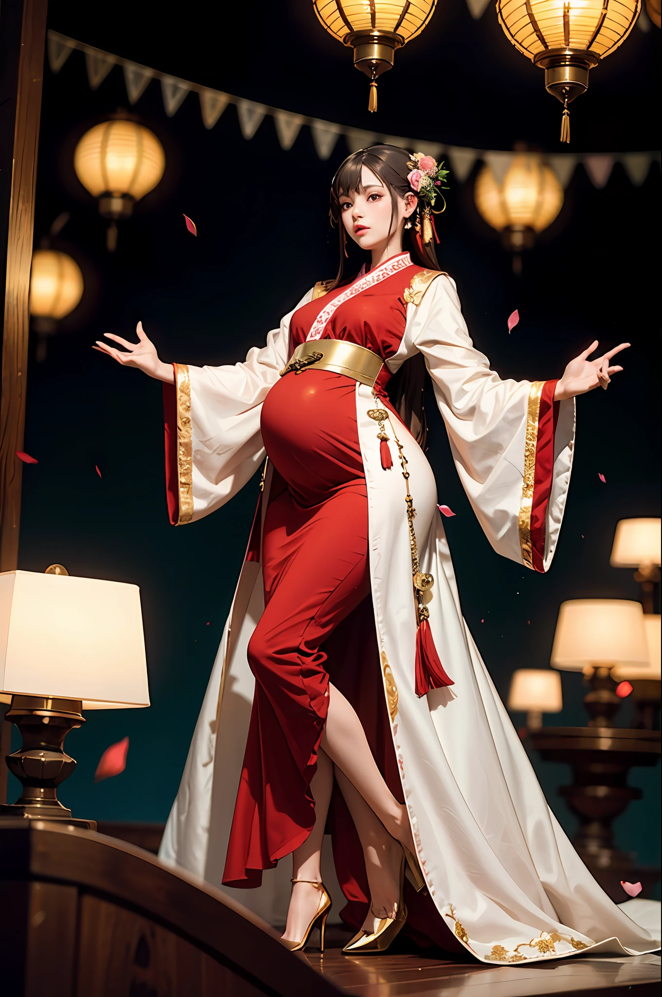 Need,tmasterpiece,A high resolution,(Delicate figure:1.5),Absolutely beautiful,(Milky skin:1.3),Pregnant women with exquisite details,A high resolution,Wallpapers,1female,独奏,shift dresses,hair adornments,(((Golden and red dress)) ), florals, long whitr hair, A brown-haired, Keep one's mouth shut, trinkets, longer sleeves, Raise Hand, Wide sleeves, Big eyes, Fluttering, Hanfu, Hanfu, embroidery, long skirt, natural poses, falling flower petals, inside in room, Fanning,lanterns,16K,HDR,A high resolution,depth of fields,(filmgrain:1.1),Bocoon,prime time,(lens flare glow),Vignette,rainbowing,(Color:1.5)