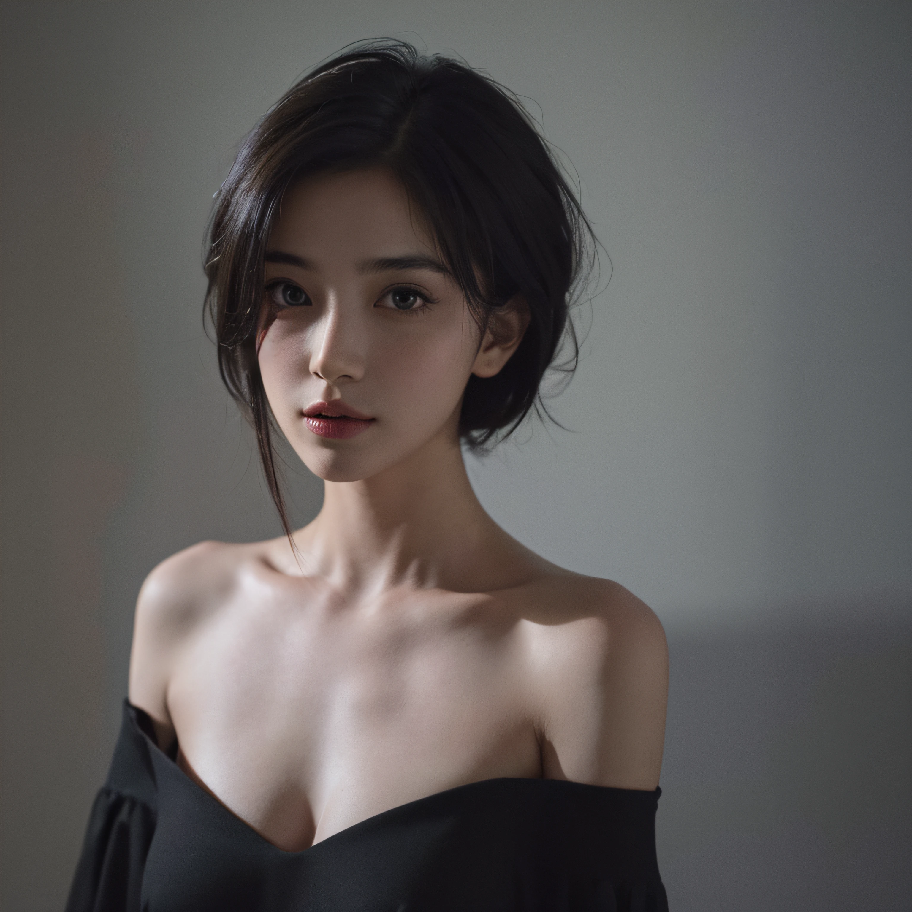 Best quality, masterpiece, ultra high res, (photorealistic:1.5), raw photo, 1girl, offshoulder, in the dark, deep shadow, low key, cold light, sexy look, short hair --auto