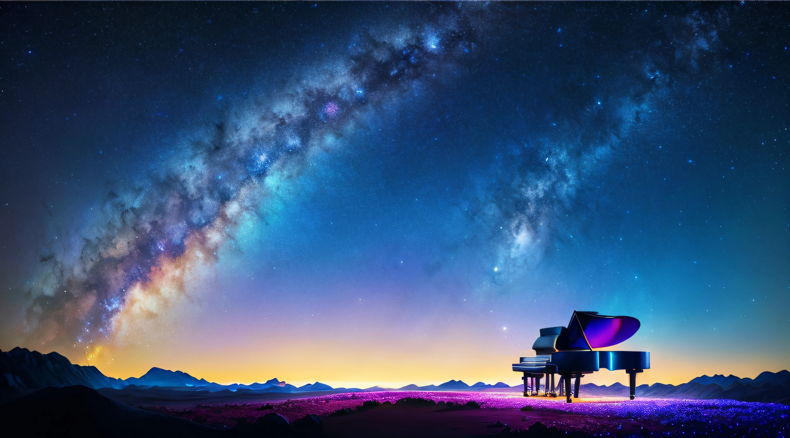 Piano in the center of the screen、intergalactic、(nigh sky)、(stele)、The artwork、(cosmic dust)、(nebulas)、concept-art、hight resolution、high-detail、Convoluted、(​masterpiece:1.2)、(top-quality:1.2)、Colorful、Ultra Wide Shot、The vast starry sky、 Skysky, natta, milkyway,  colorful scenery、natta、Milky Way Lots of Stars、Shining stars、８Ｋ、４Ｋ、超A high resolution