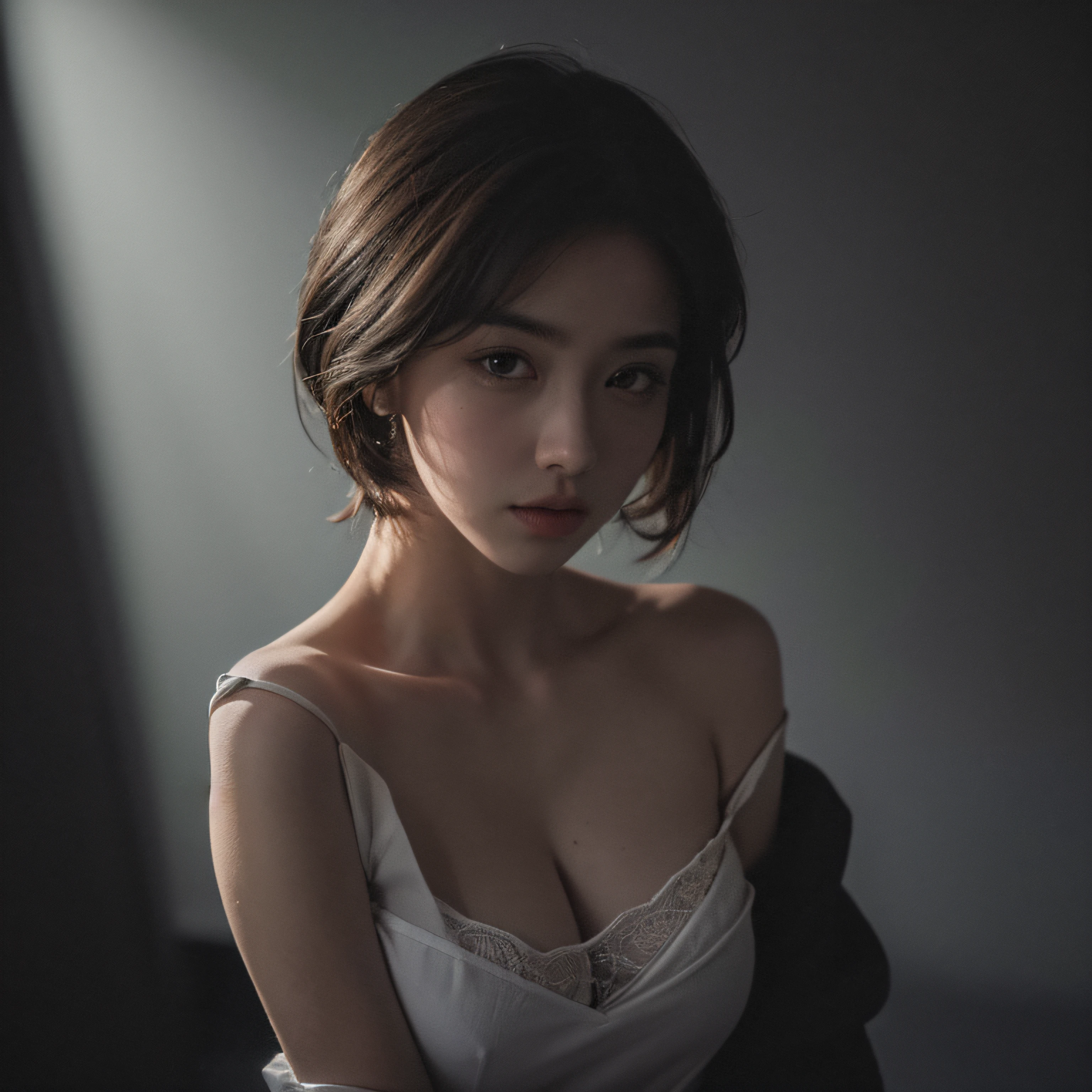 Best quality, masterpiece, ultra high res, (photorealistic:1.5), raw photo, 1girl, offshoulder, in the dark, deep shadow, low key, cold light, sexy look, short hair --auto