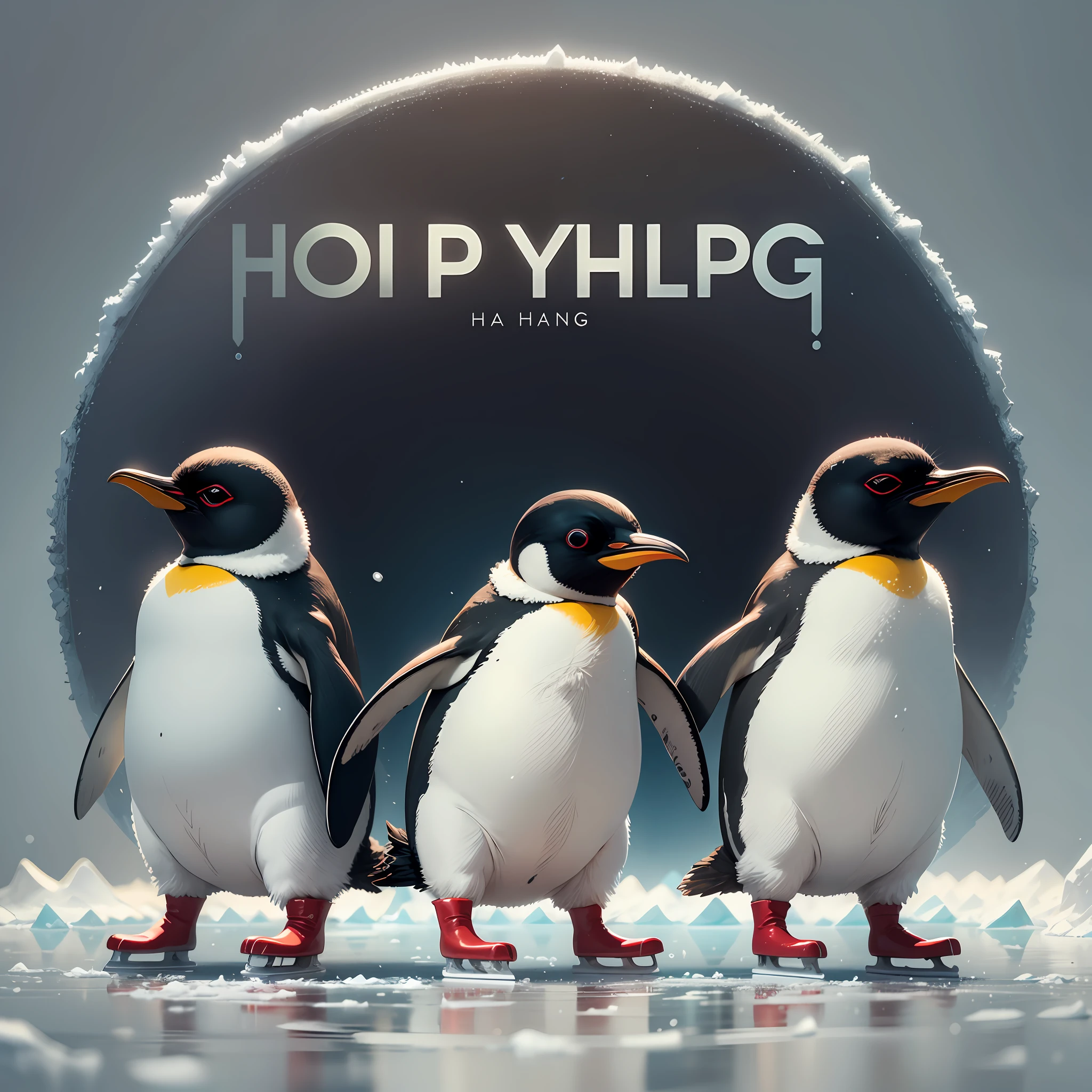 no human, joyful dancing, happy running, penguin parent and penguin child, ice skating, shimmering ice surface, glowing fruits growing on trees, Composition similar to The Beatles’ CD cover,