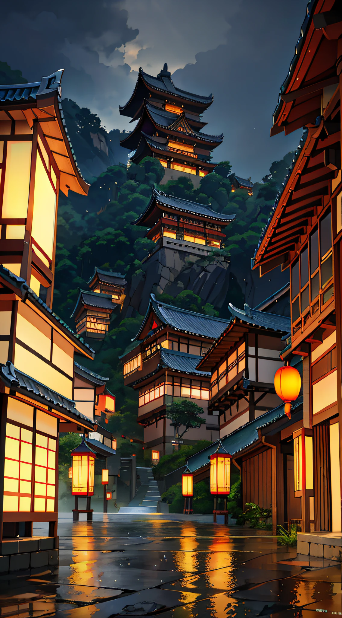 arafed view of a village with a lot of lights on the buildings, dreamy chinese town, chinese village, amazing wallpaper, japanese town, japanese village, hyper realistic photo of a town, old asian village, japanese city, by Raymond Han, rainy evening, cyberpunk chinese ancient castle, beautifully lit buildings, at evening during rain, beautiful and aesthetic, photography, cinematic, 8k, high detailed ((Heavy rain)))