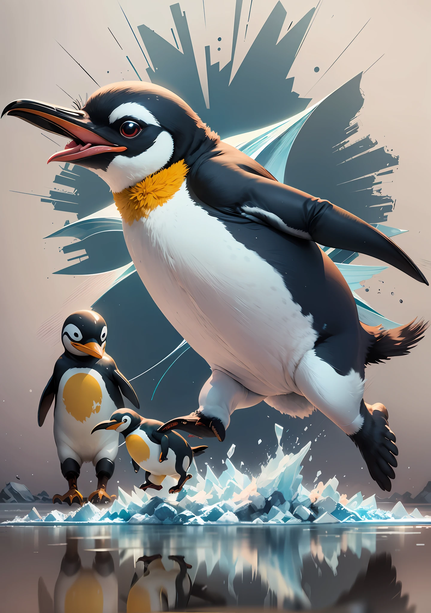 no human, joyful dancing, happy running, penguin parent and penguin child, ice skating, shimmering ice surface, movie poster, title logo, efects,