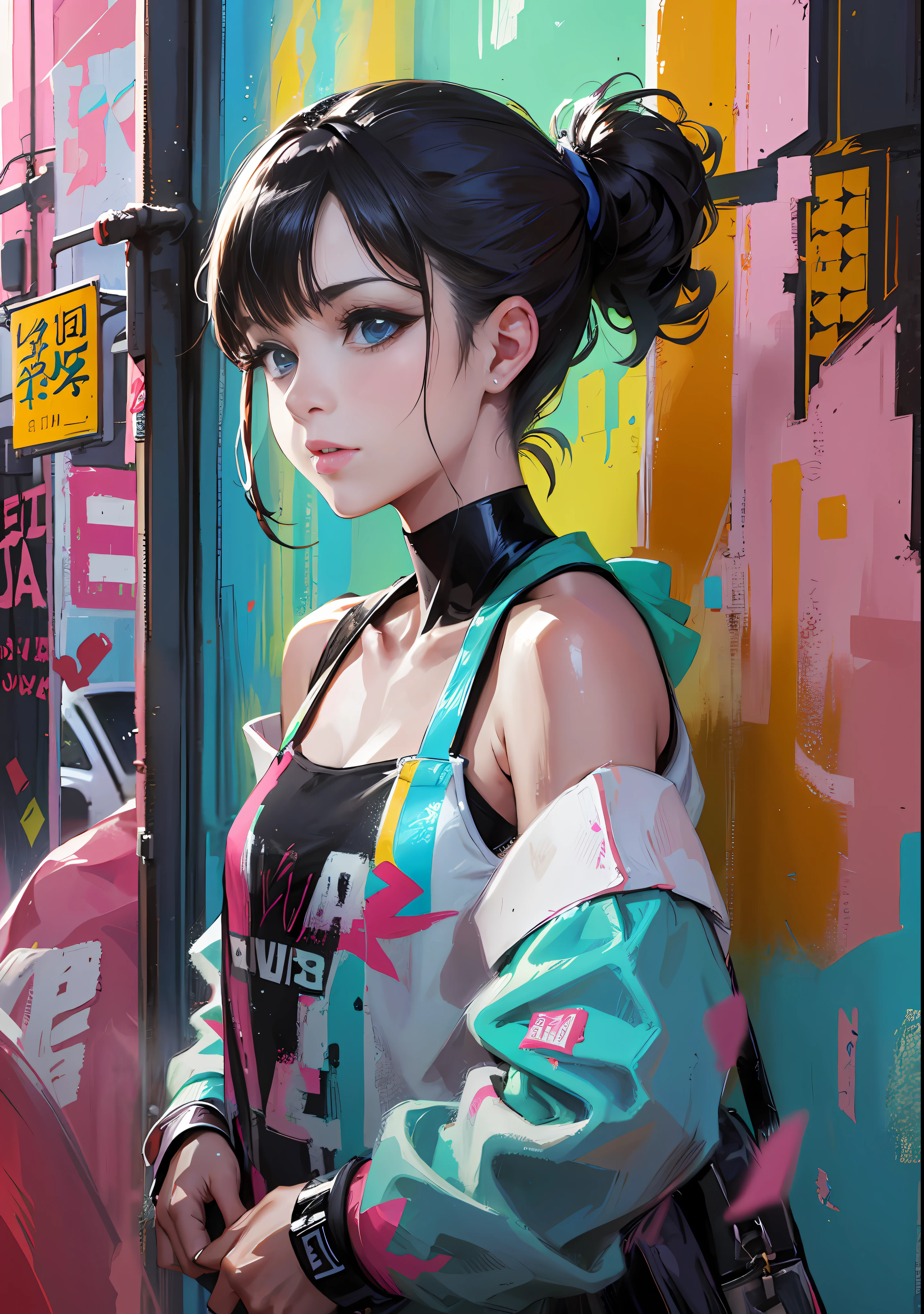 ((best qualtiy)), ((the detail)), ((Verism))，cinmatic lighting，Against the backdrop of street art，A cool girl standing in front of a wall of graffiti and graffiti art。She wears fashionable clothes and tunics，Spray paint can in hand，Draw neon-colored graffiti paintings。Incorporate your own style in this scene full of art and creativity。（portraitures：1.4，natural  lightting：1.2）