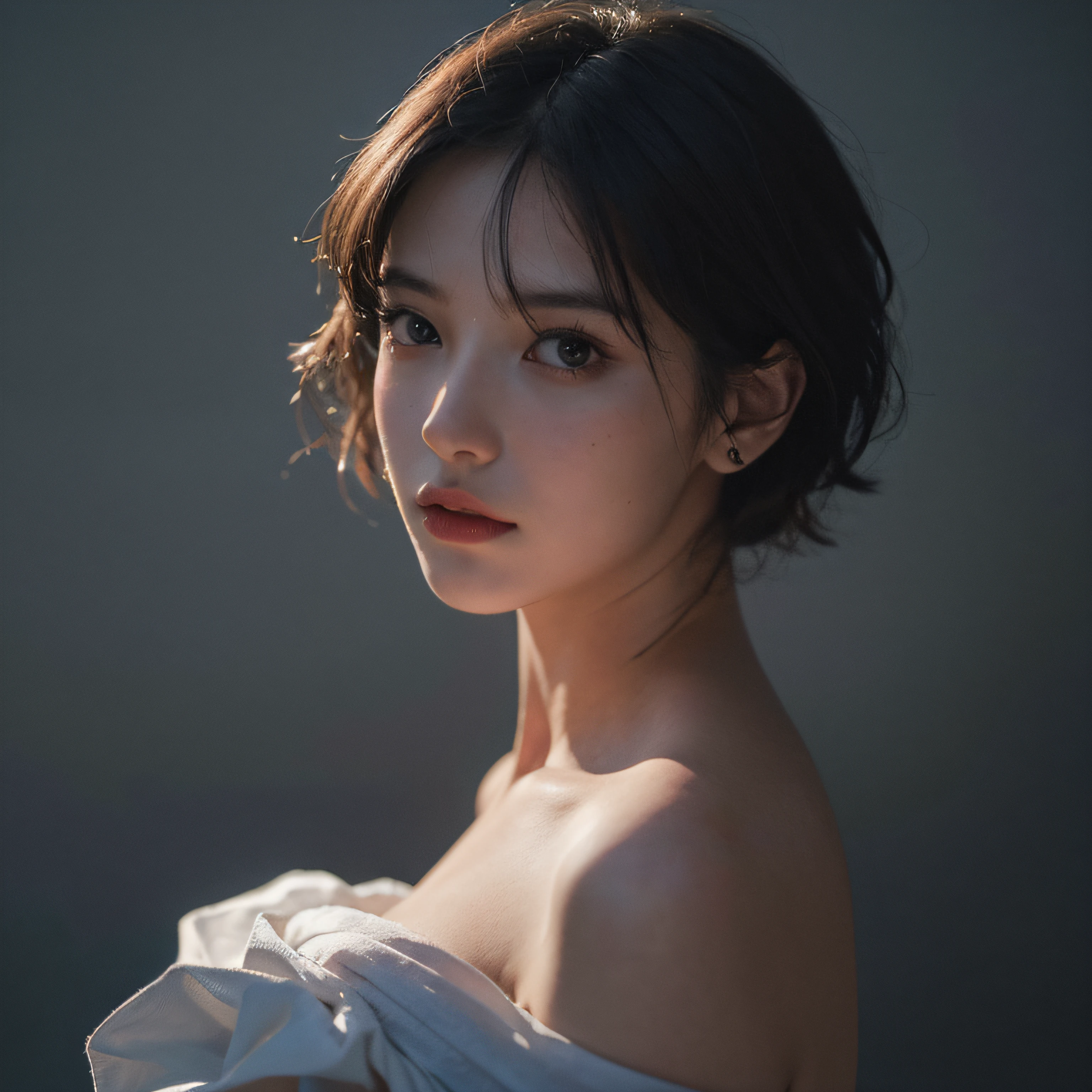 Best quality, masterpiece, ultra high res, (photorealistic:1.5), raw photo, 1girl, offshoulder, in the dark, deep shadow, low key, cold light, sexy look, short hair --auto