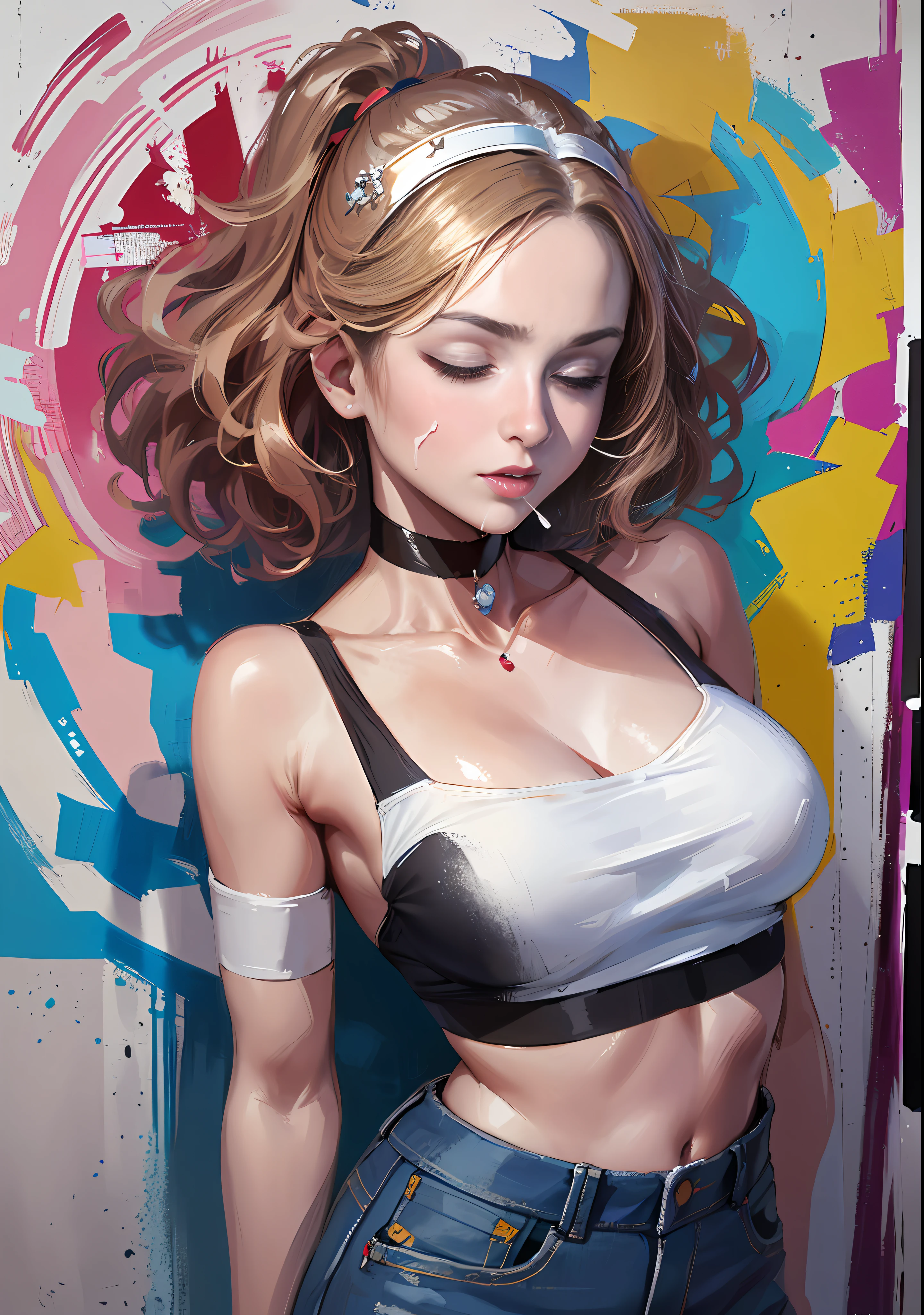 tmasterpiece, best qualityer, 1girll, 独奏, Crop tops, denim short, choker necklace, (scribbles:1.5), Back alley、Graffiti artist spray painting wall，paint splatter, Hands behind your back, against a wall, looking a viewer, shairband,(Masterpiece, Best quality, A high resolution:1.4), 1girll, diadems, Hair above one eye, big breasts and big breasts , Woman with her eyes closed and her mouth open,, Facial focus, (((Beautiful actress's face))) , ((Young)), ((picure)), ((Splash and smear)), (Official painting art))
