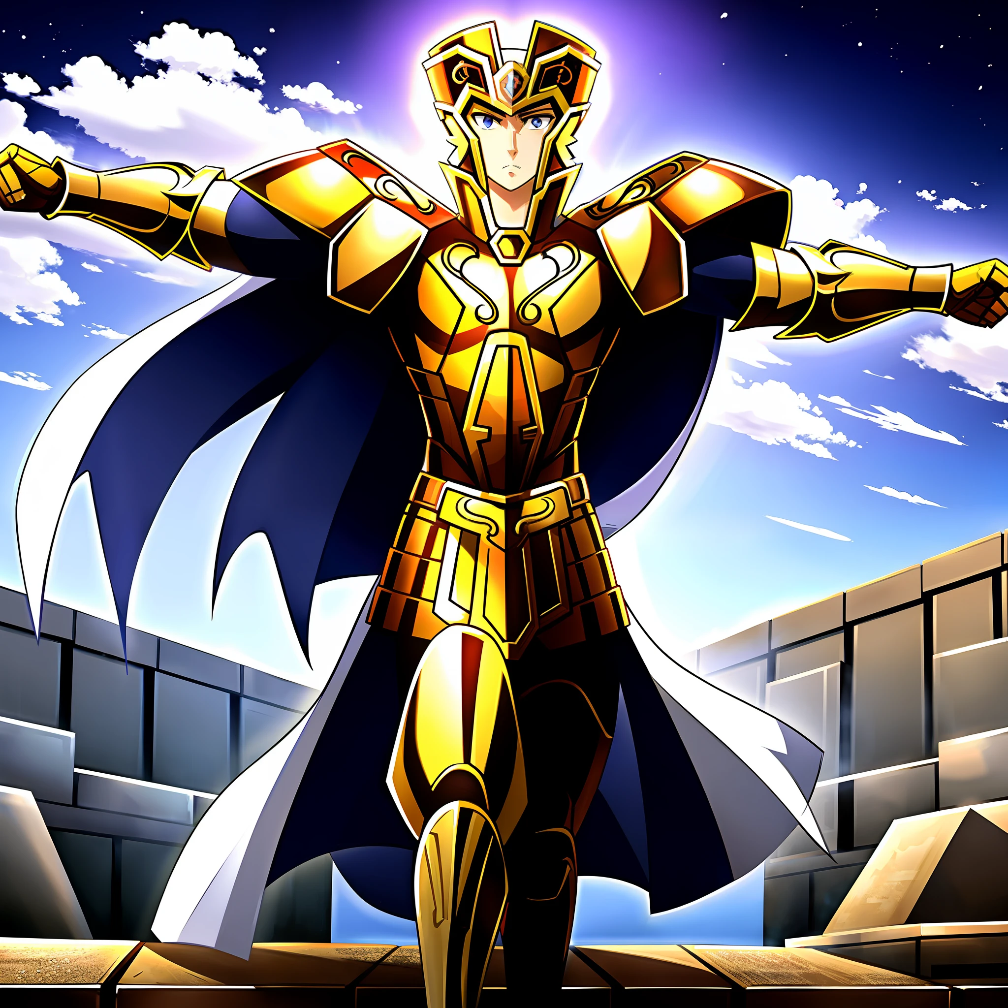 GeminiArmor, gold armor, Henry Cavil as 1boy, armor, dramatic sky, looking at viewer, armor, closed mouth, upper body, serious, helmet, on greek temple bridge, anime, full-body. walking  towards the viewer, boots