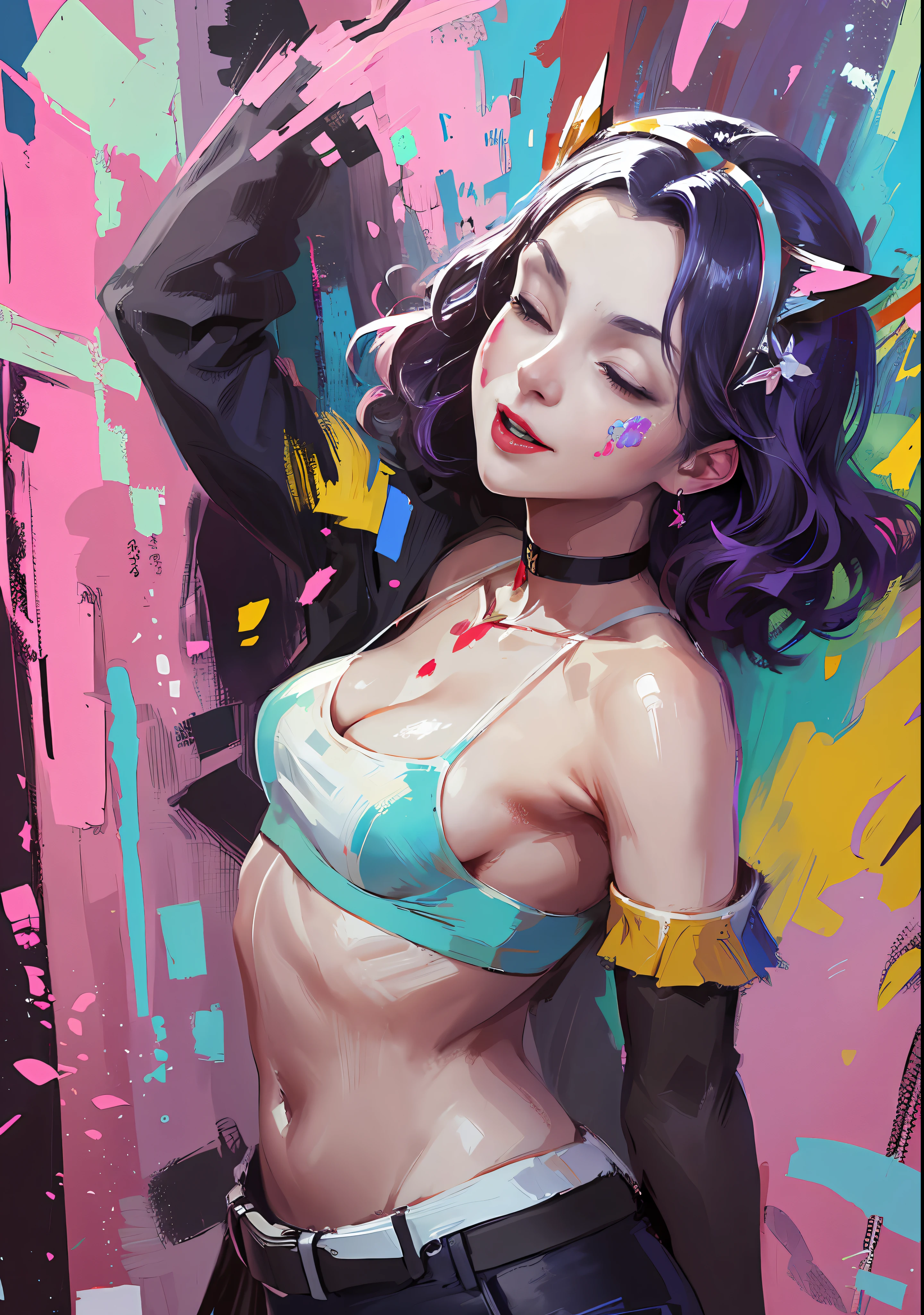 tmasterpiece, best qualityer, 1girll, 独奏, crop tops, denim short, choker necklace, (scribbles:1.5), Back alley、Graffiti artist spray painted wall,paint splatter, Hands behind your back, against a wall, looking a viewer, shairband,(Masterpiece, Best quality, A high resolution:1.4), 1girll, diadems, Hair above one eye, Ed , Woman with her eyes closed and her mouth open,, Facial focus, (((Beautiful actress's face))) , ((Young)), ((Painted)), ((Splash and smear)), (Official painting art))