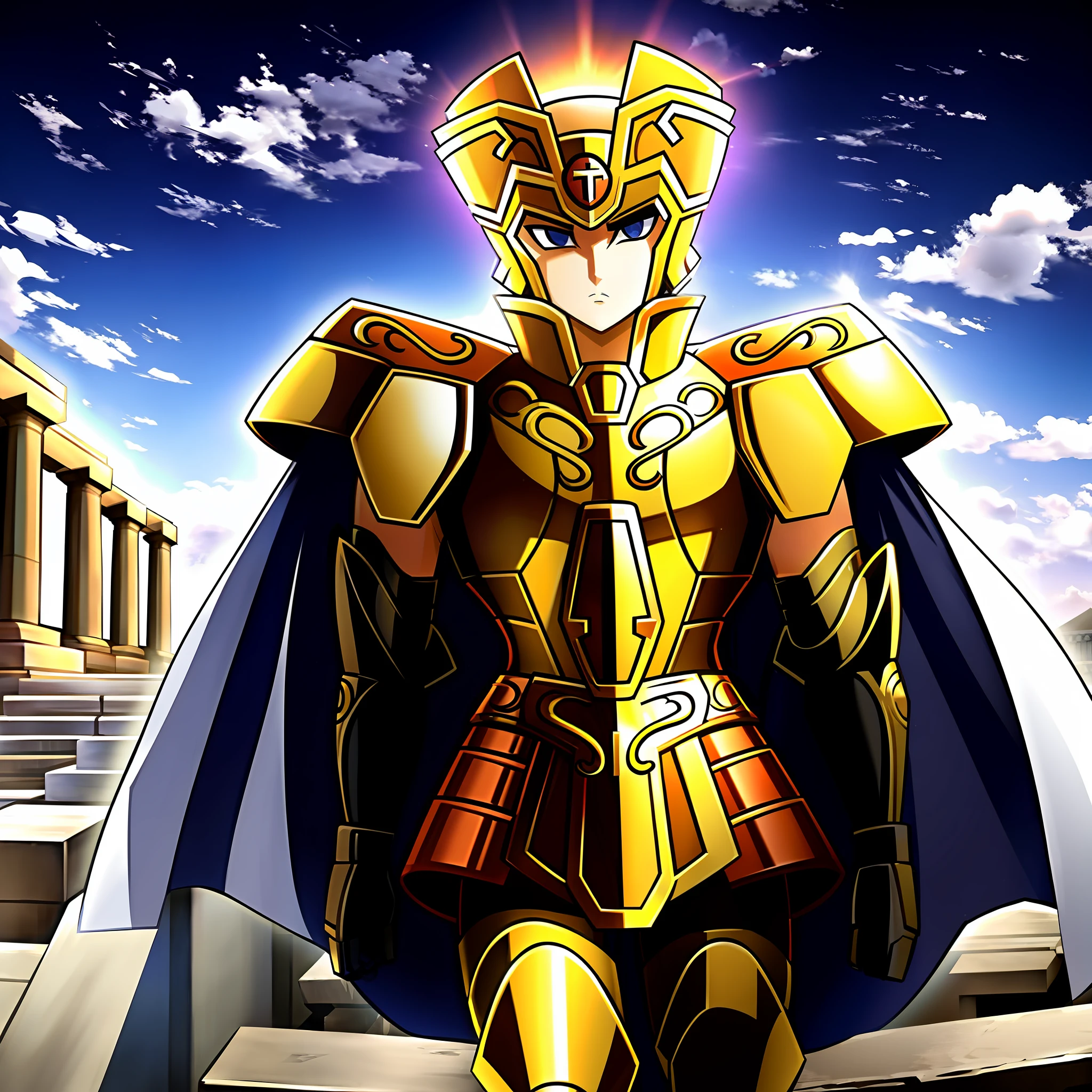 GeminiArmor, gold armor, Henry Cavil as 1boy, armor, dramatic sky, looking at viewer, armor, closed mouth, upper body, serious, helmet, on greek temple bridge, anime, full-body. walking  towards the viewer, boots